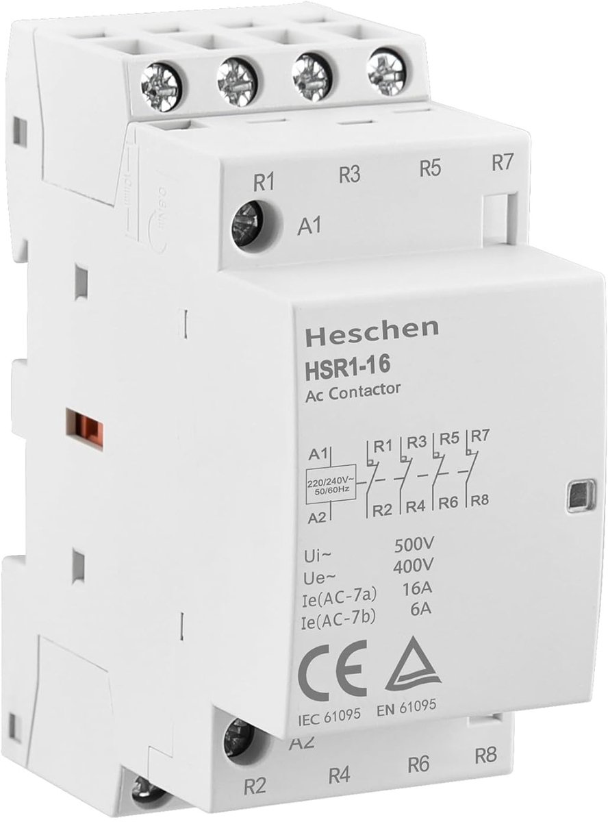 SnelShoppen - 4-polige AC Bescherming HSR1-16, 16A, 220/240V, 35mm DIN Rail Montage, TÜV CE Goedkeuring, Normaal Gesloten Contacten