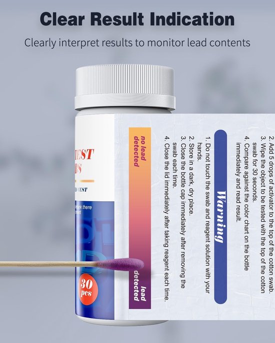 Lead Test Kit voor Thuisgebruik, 60 Stuks Snelle Teststaven met Reagens, Resultaat binnen 30 Seconden voor Oppervlakken, Tafelgerei en Speelgoed — afbeelding 4