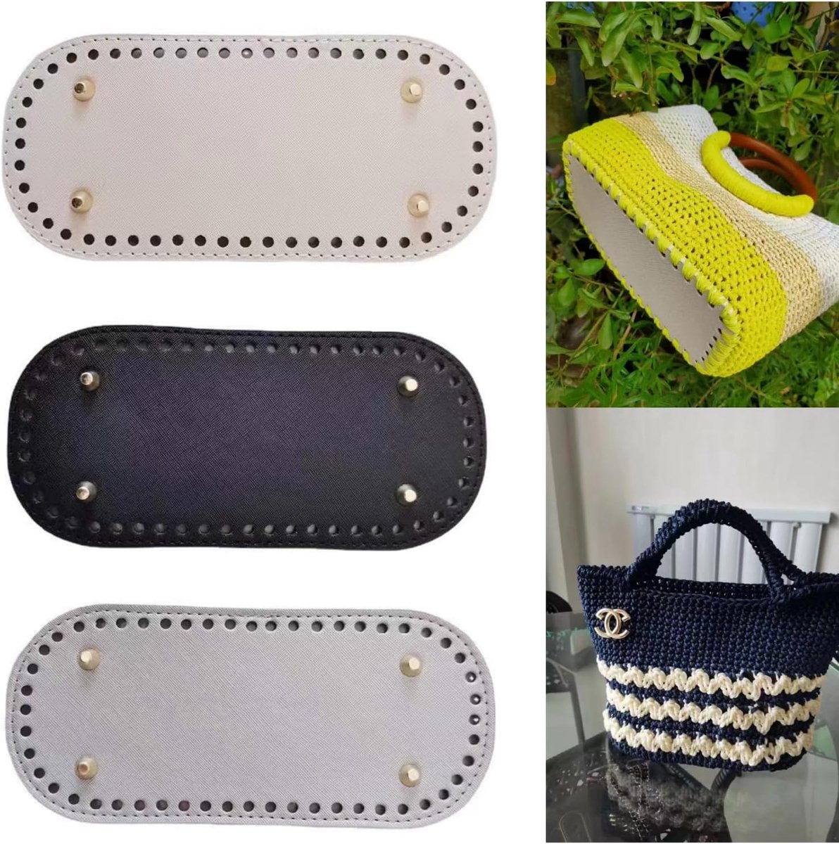 Leather Bag Bottom 3 Pieces 22 x 10 cm PU Leather Bottom Bag Bags with Holes Oval Bottom for Making Handmade Crochet - ShopVlot