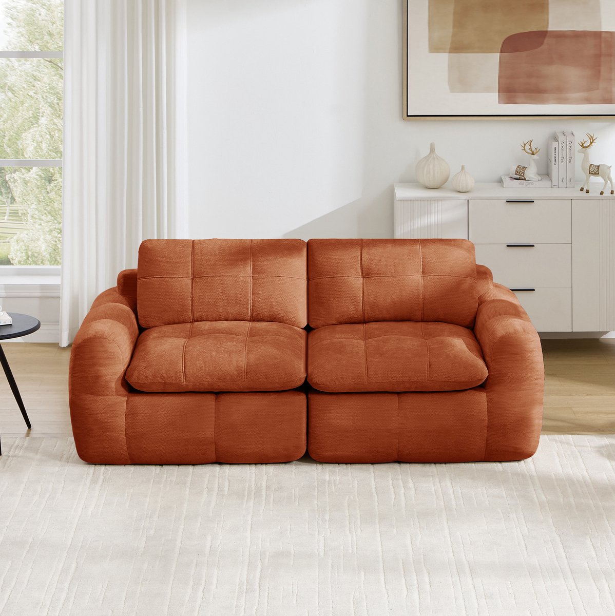FloraGrace Zitbank 2-Zits Modulaire Sofa - Diepe Zit, Vierkante Stiksels & Armleuningen - Woonkamer, Slaapkamer of Appartement - Chenille - Oranje