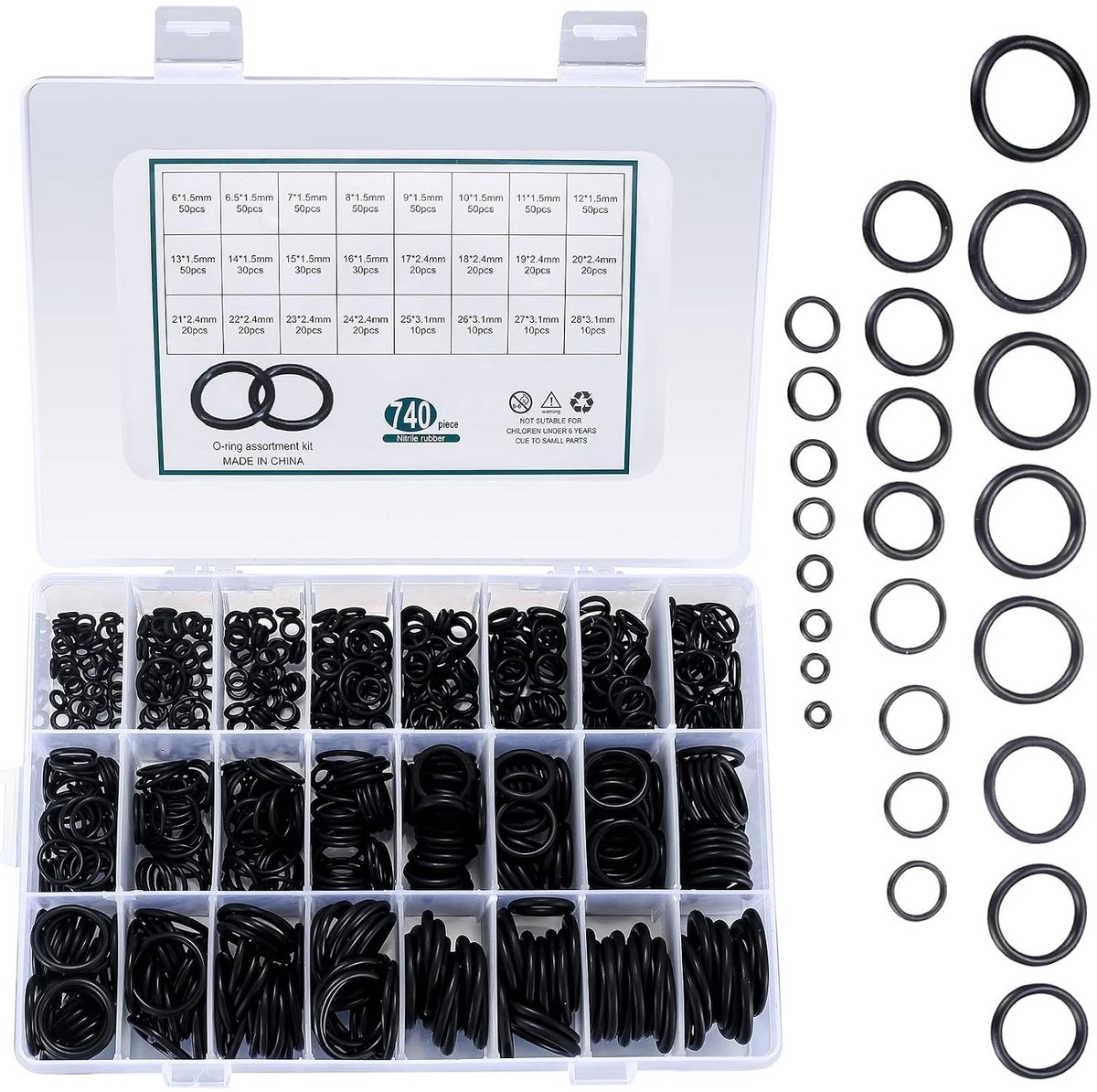 Complete Set van 740 Rubber O-Ringen voor Lekkagepreventie, Inclusief 24 Maten voor Auto Reparatie en Hydraulische Toepassingen