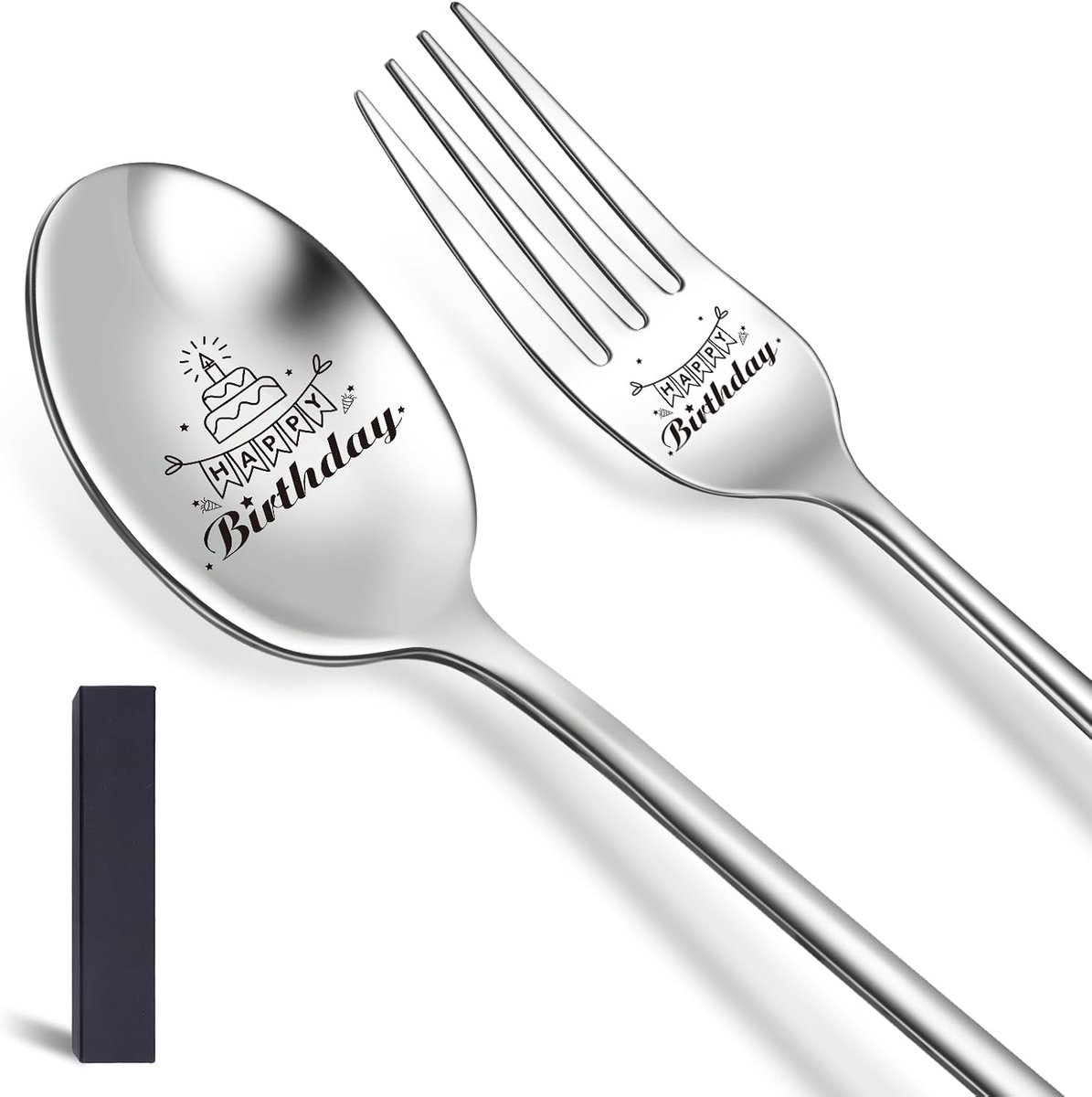 SnelShoppen - Verjaardagslepel en -vork met Gravure, 2 Stuks Gelukkige Verjaardag Lepel en Vork, Gepersonaliseerde Verjaardag Cadeaus voor Vader, Moed