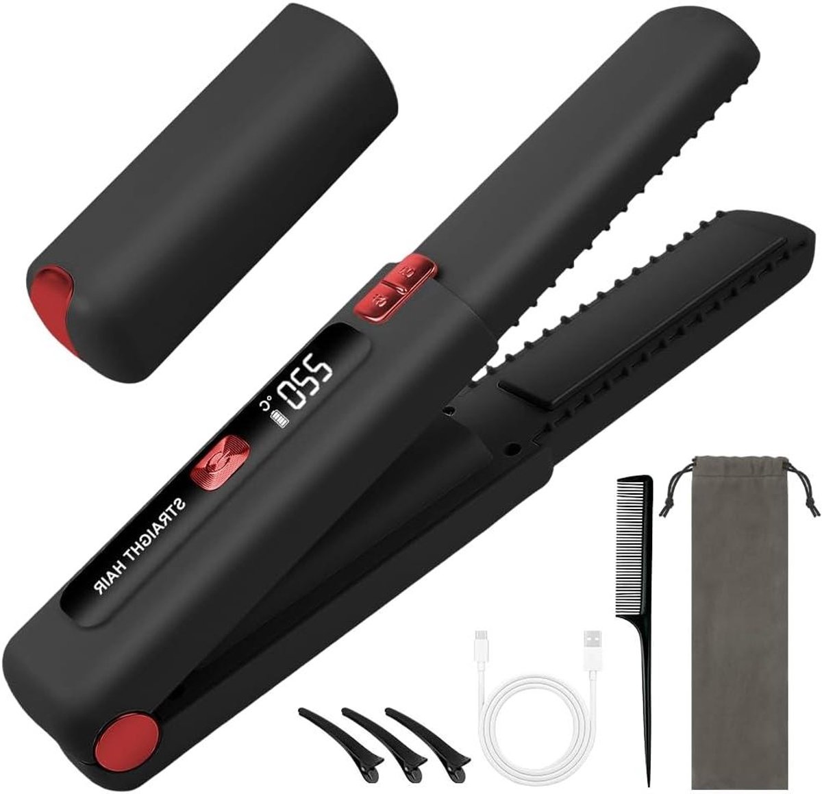 Haarstyler 2-in-1 - Stijltang Krultang - Haar Stylen - Draadloos LCD Display - 23 x 5 x 5 cm - Zwart