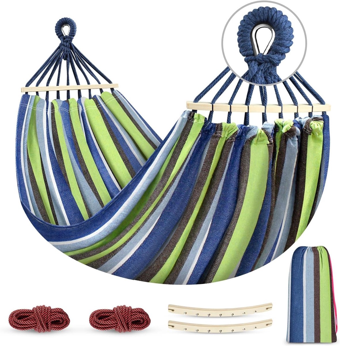 Hangmat - Lichtgroen - 205 x 155 cm - Met Gebogen Houten Stang en Draagtas - Voor Binnen en Buiten
