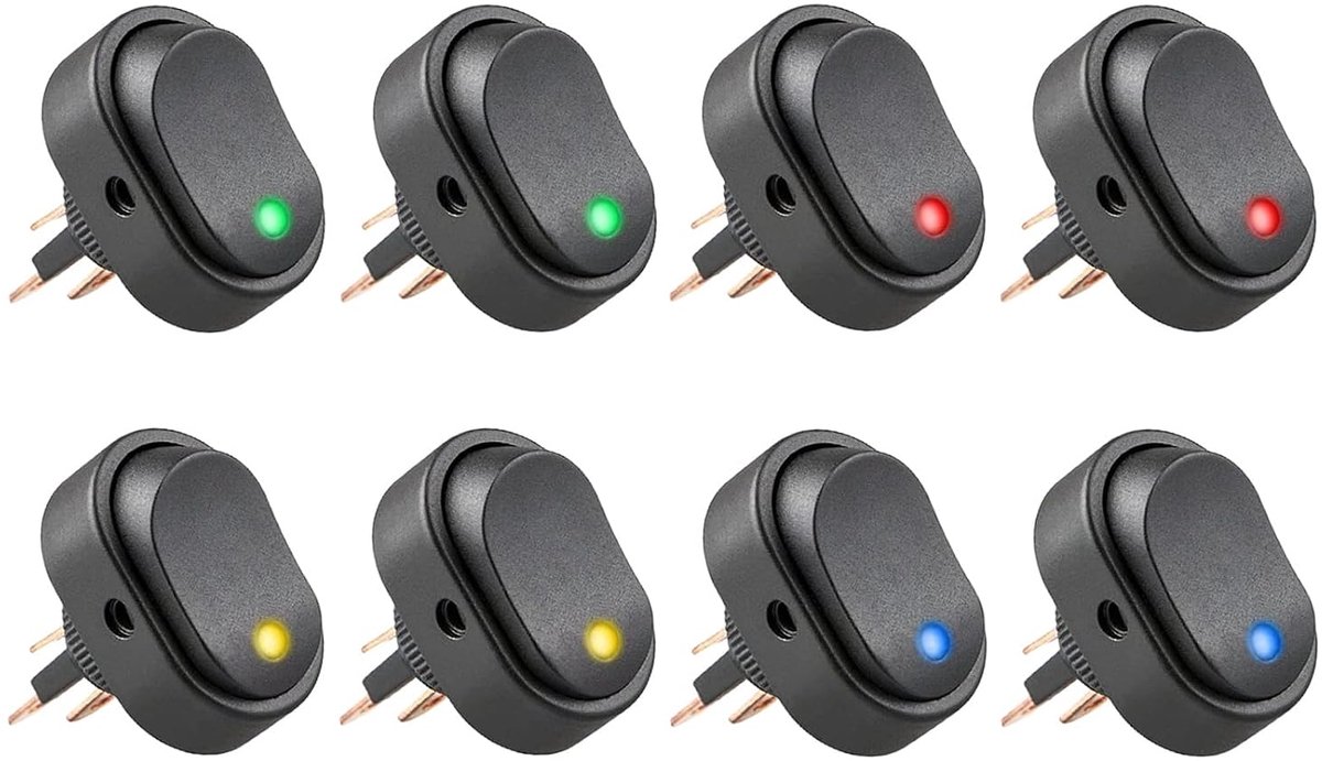 Rocker switch LED licht 12V 30A - Waterdicht - 8-pack met vier kleuren - Eenvoudig zichtbaar in het donker - ShopVlot