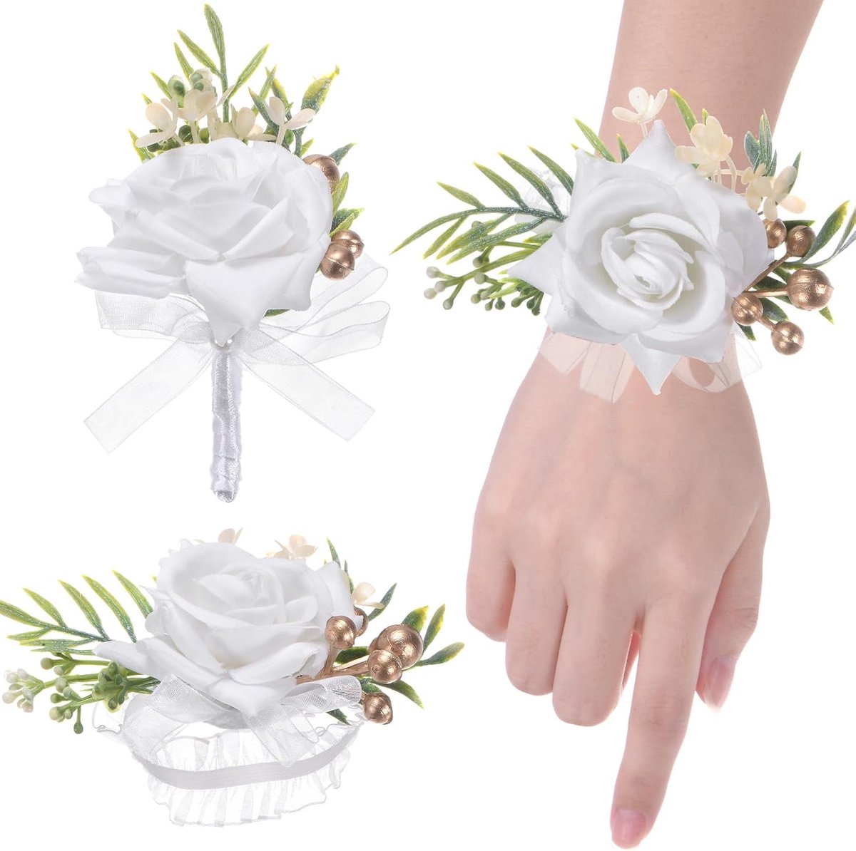 SnelShoppen - M METERXITY 1 Set Bloem Corsage en Pols Corset, Kunstroos Bloemen voor Bruiloft, Feest, Bal, Decoratie, Wit, Duurzaam en Handgemaakt