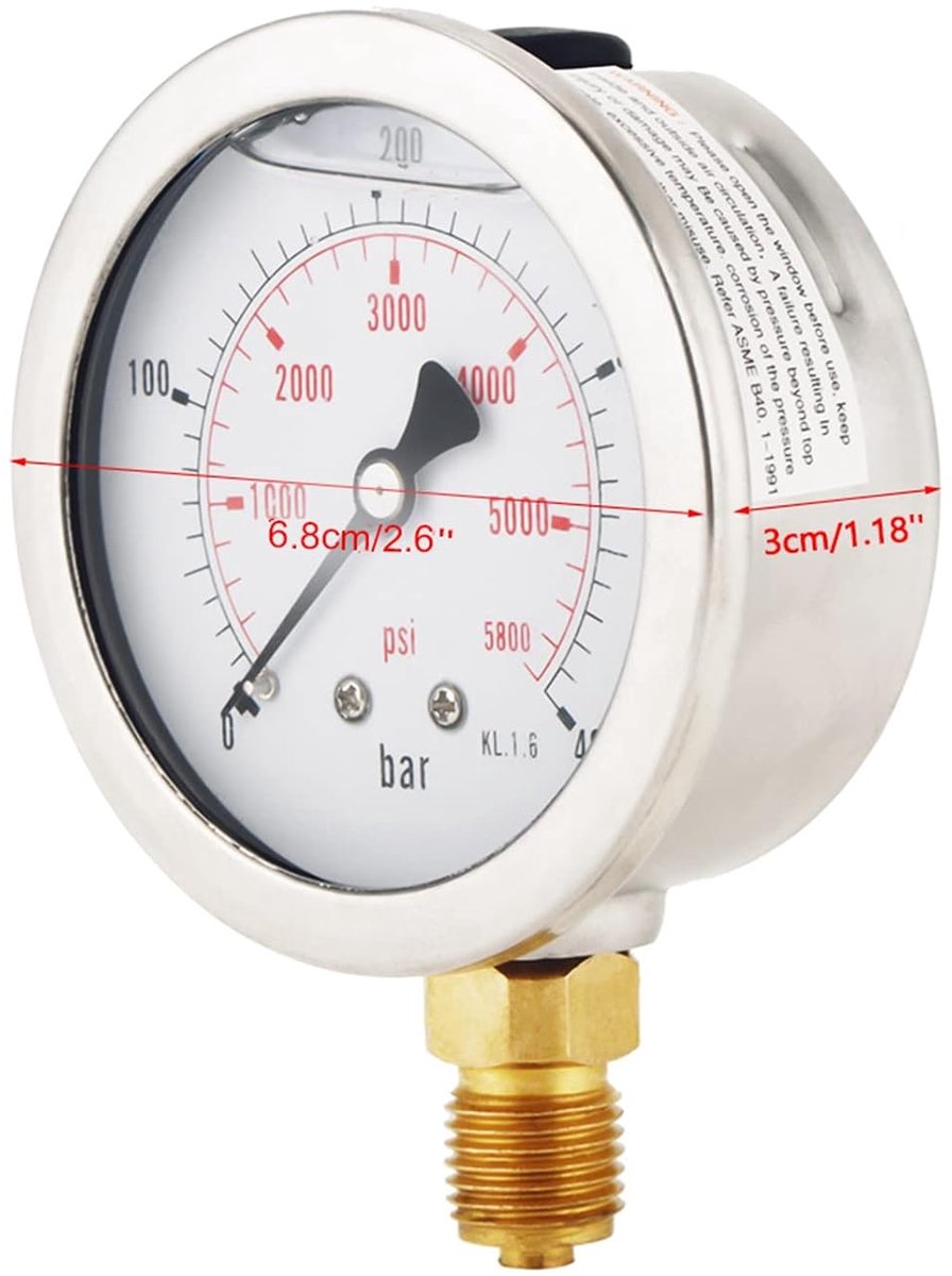 SnelShoppen - Drukmeter 0-400 BAR 0-5800 PSI G1/4 68mm analoge drukmeter voor hydraulische toepassingen, robuuste metalen behuizing, compact en draagb