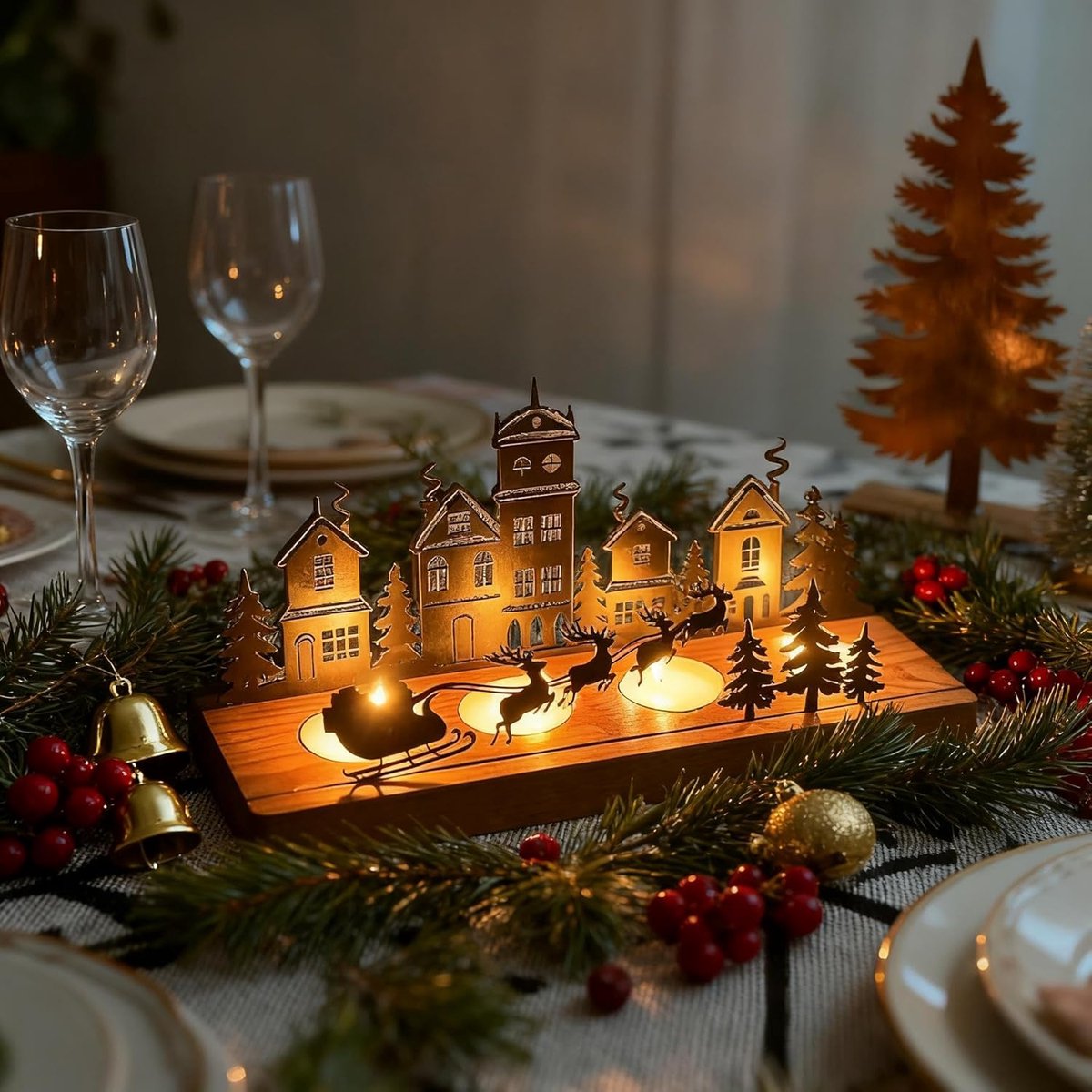SnelShoppen - Kizozo Advent Kandelaar Theelichthouder voor 4 Theelichtjes met Dienblad - Kerstmis Kaarsenstandaard van Hout en Metaal - Kerstdecoratie