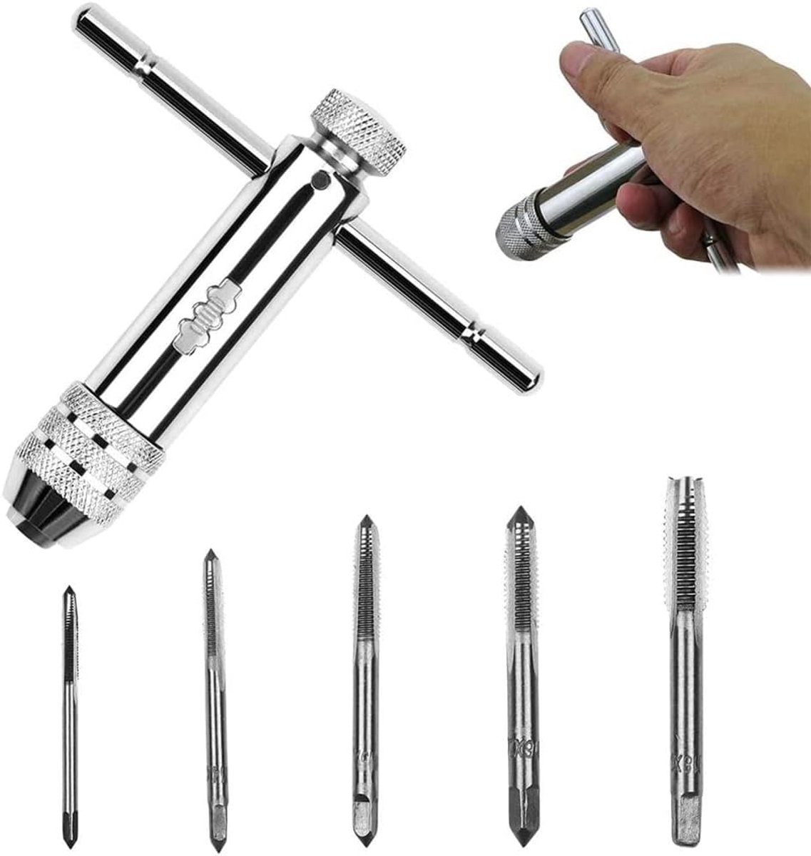 SnelShoppen - Verstelbare T-handgreep ratel tap houder sleutel, tapset met 5PCS M3-M8 machine draad metrische plug T-vormige tap, duurzaam staal