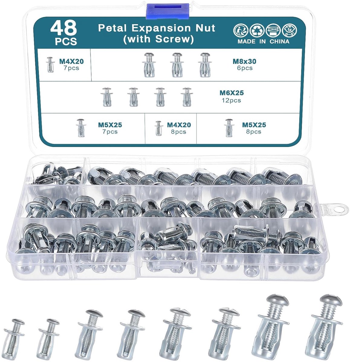 SnelShoppen - 48-delige Petal Expansie Moeren Set met Schroeven, M4x20, M5x25, M6x25, M8x30, Hoogwaardige Stalen Expansieschroeven voor Diverse Toepas