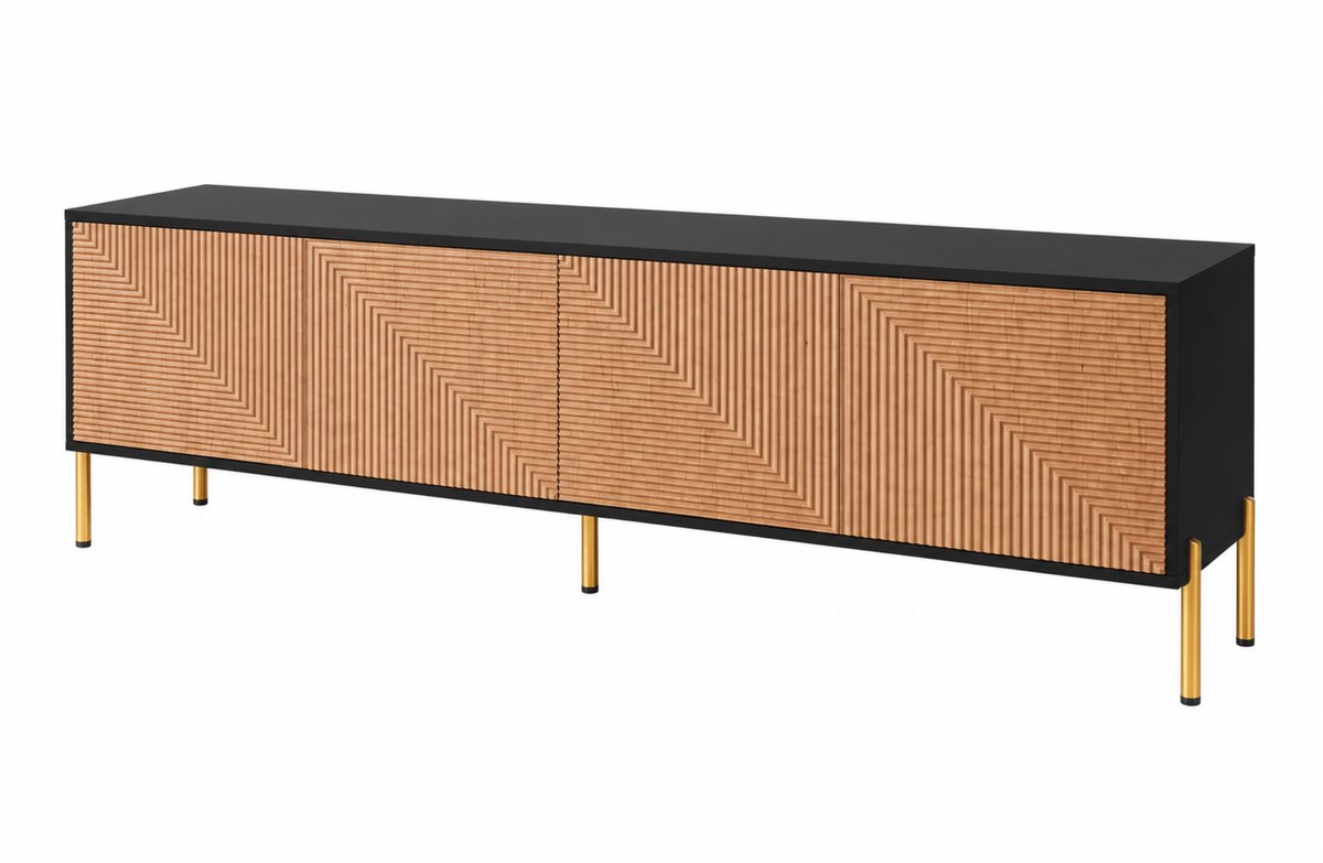 Noventra - TV Meubel - TV Kast met Opbergruimte - Dressoir - Scandinavisch TV Meubel - 180 cm - Zwart met Houtlook - Geribbelde Deuren