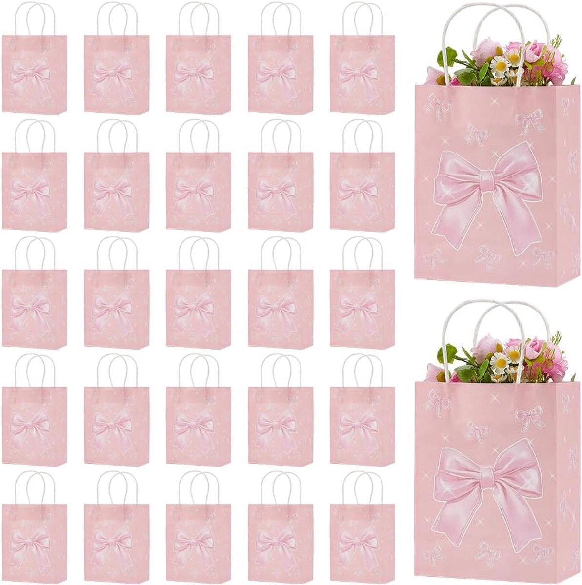 SnelShoppen - 30 Stuks Roze Geschenkzakken met Handvatten en Strik - Papieren Zakjes voor Verjaardagsfeestje, Moederdag, Valentijnsdag, Bruiloft en Ve