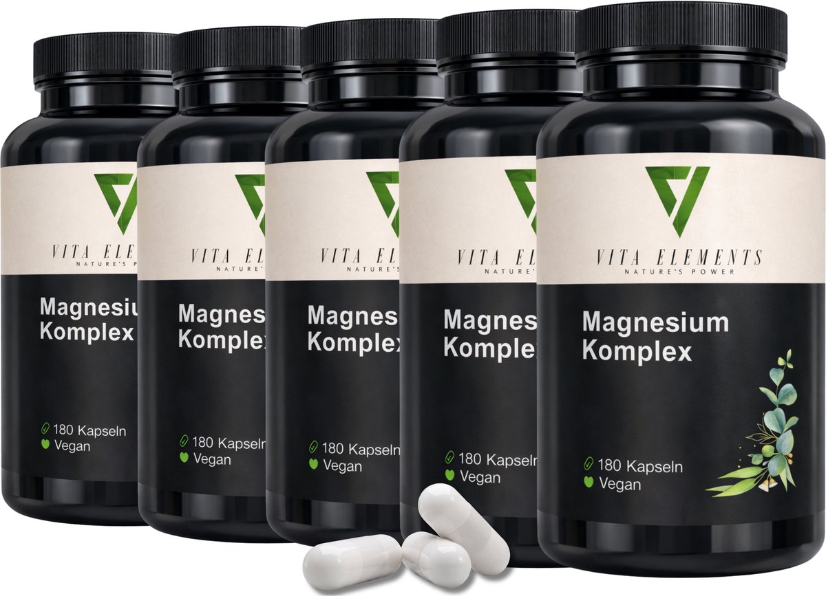 Vita Elements Magnesium Complex Capsules - 5 Vormen Magnesium - Ondersteunt Energiestofwisseling en Vermindert Vermoeidheid - 180 Capsules - Vegan - Set van 5