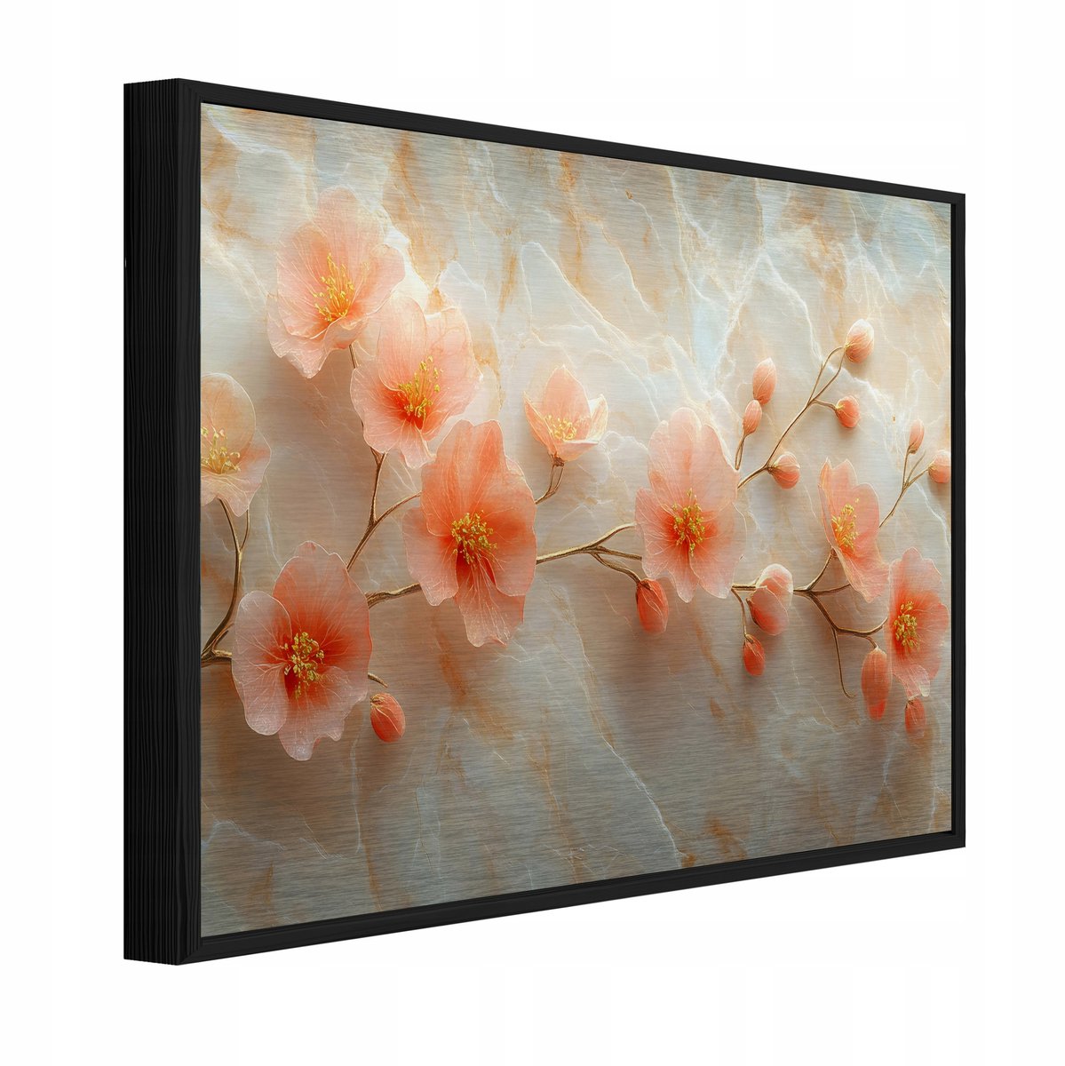 WALLARENA Schilderij op geborsteld aluminium met zwarte lijst 120x80 cm - sakurabloemen met marmerlook - wanddecoratie voor woonkamer en slaapkamer Beige