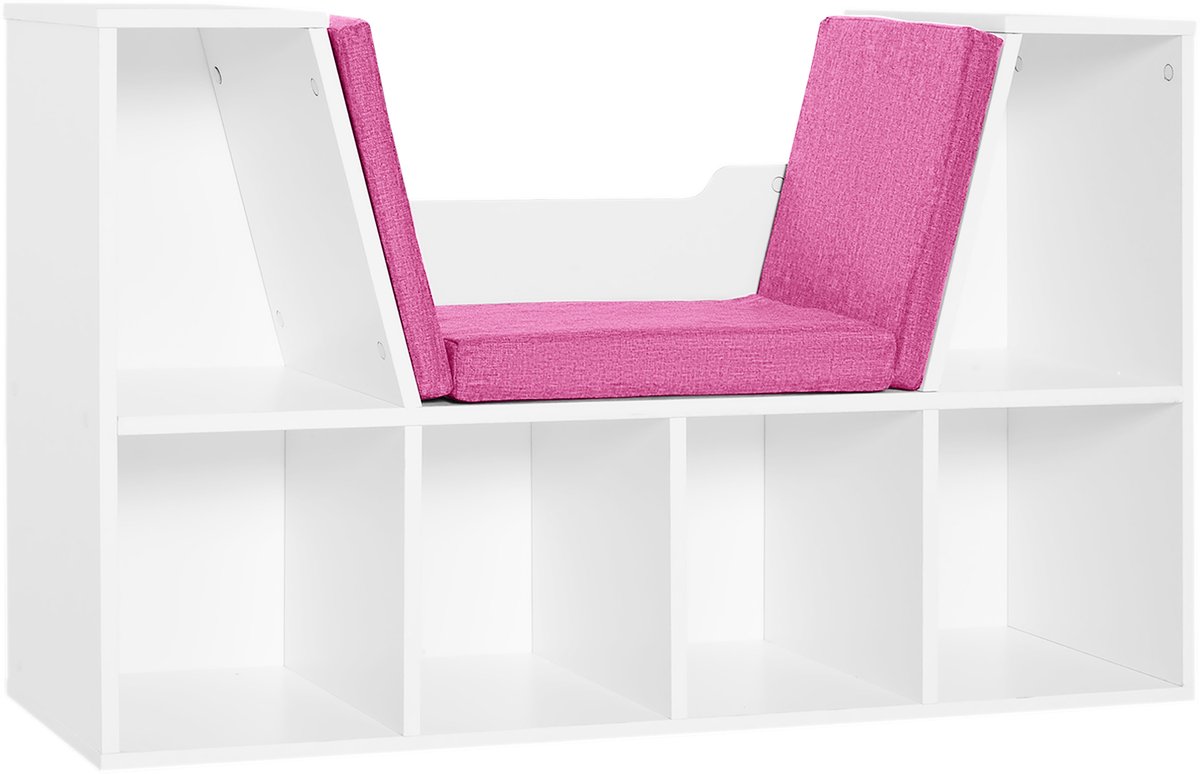 2-in-1 boekenkast met zitkussens, kubusrek met 6 open vakken en 2 niveaus, opbergkast voor woonkamer, slaapkamer, kantoor, 102 x 30 x 61 cm, Roos