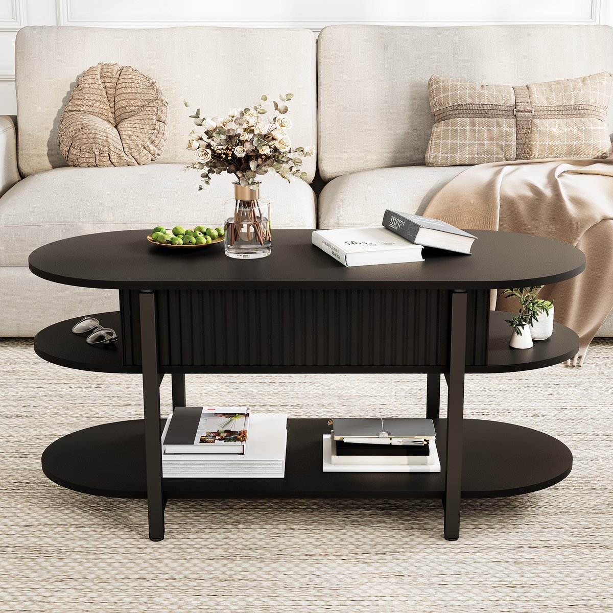 Ovale Salontafel met Liftfunctie – Zwarte Salontafel met Verborgen Opbergruimte – MDF Koffietafel met Open Legplank – Moderne Woonkamertafel