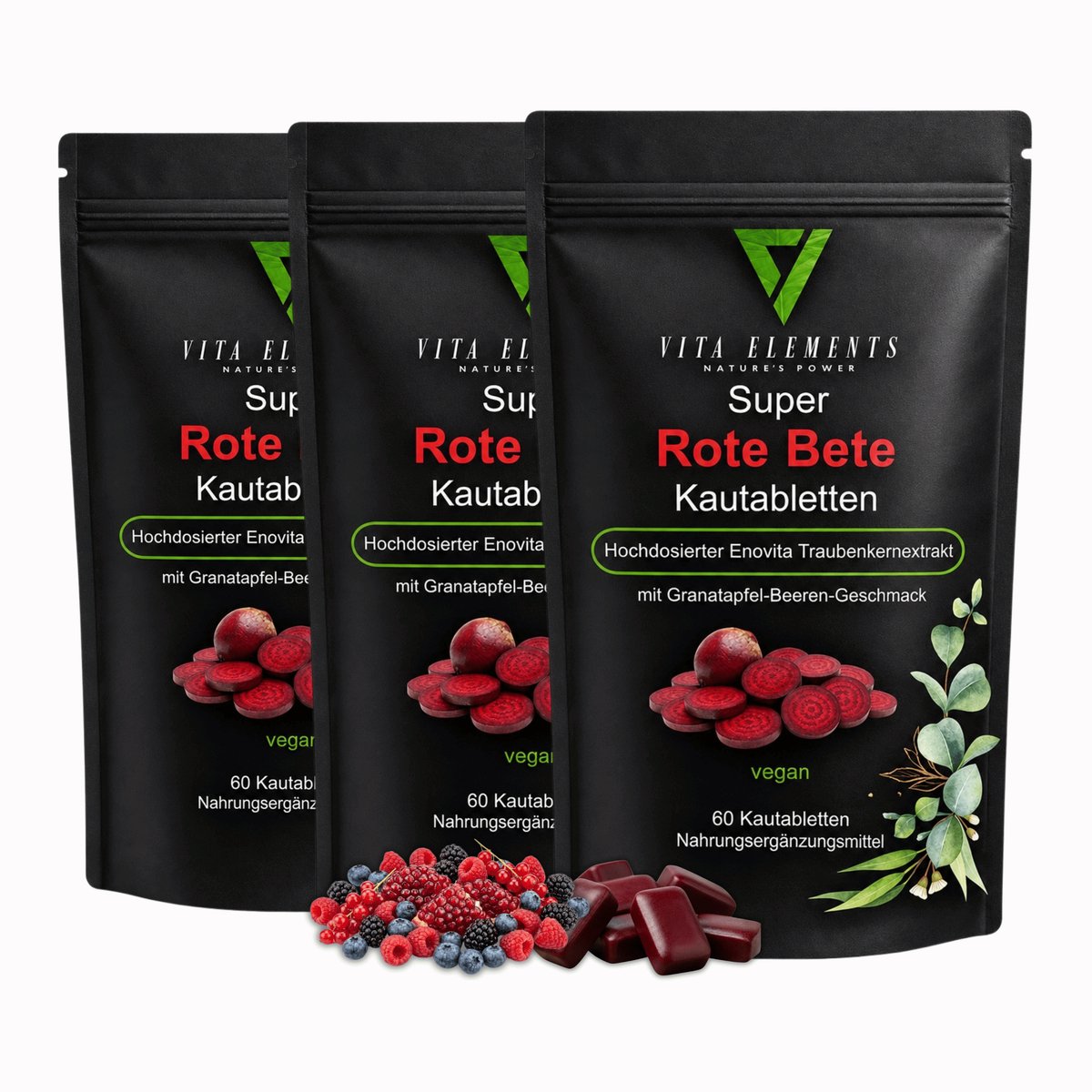 Vita Elements Rode Biet Kauwtabletten met Druivenpitextract - 500 mg Bietenpoeder - Veganistisch - Cafeïnevrij - 180 Tabletten - Sportvoeding - Getest Set van 3