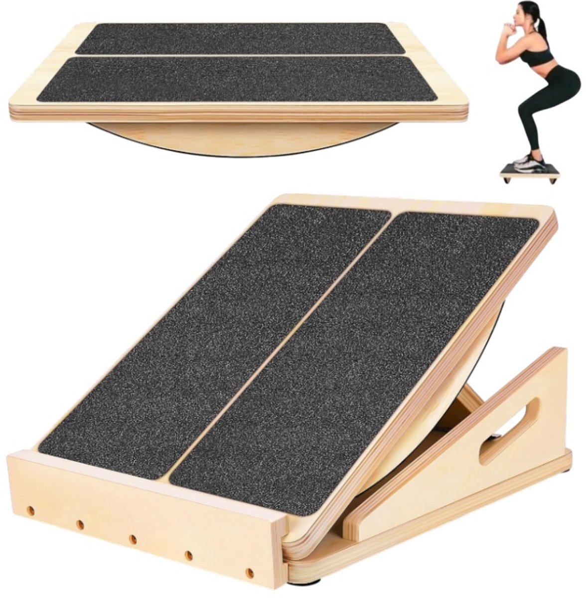 Rek- en balansbord - Verstelbaar pedaalrekbord met hellingshoek - Houten voetpedalen - Rek- en balansbord - Trainingsaccessoires - Geschikt voor thuis, sportschool en kantoor - Khaki - 42*33*44,5 cm