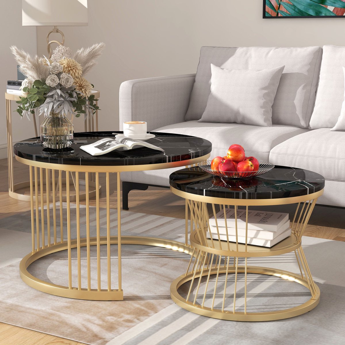 Ronde Salontafel Set van 2 – Marmerlook Nesting Tafels met Gouden Metalen Frame – Luxe MDF Koffietafel Set met Opbergplank – Zwart