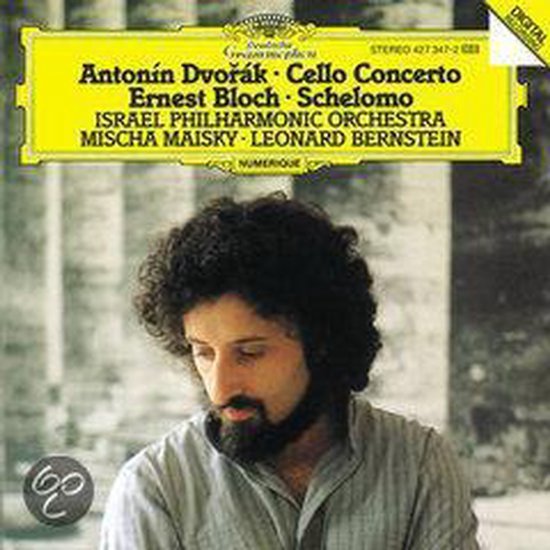 Albumcover met Mischa Maisky, met de tekst 'Antonín Dvořák Cello Concerto Ernest Bloch Schelomo Israel Philharmonic Orchestra Mischa Maisky Leonard Bernstein Numerique Digital'