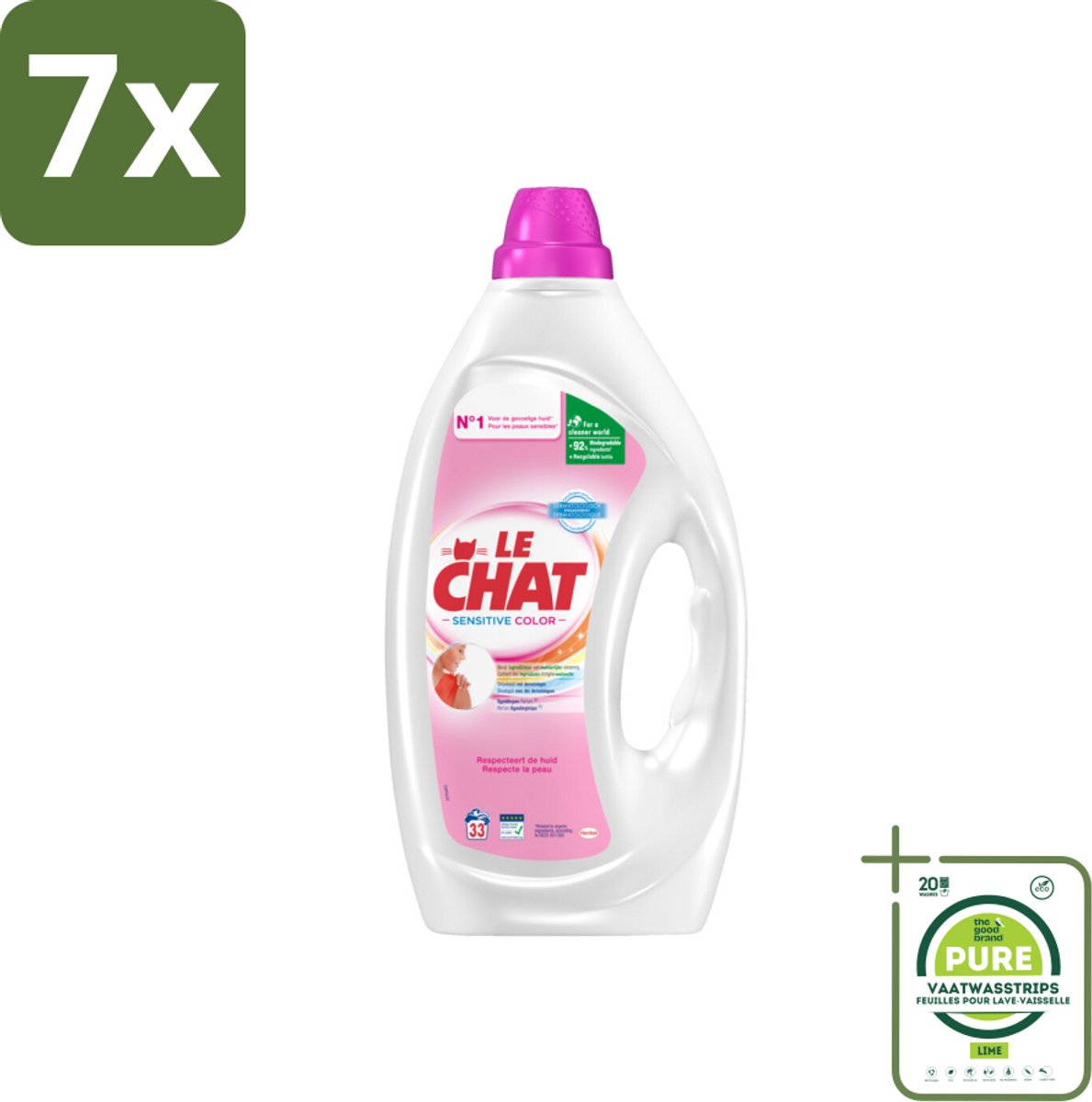 7 x Le Chat – Vloeibaar Wasmiddel – Sensitive Color – 1,485 L - Grootverpakking - Gevoelige Huid - Hypoallergeen - Wasmiddel Voor Gekleurde Kleding - Schone Was - Zachte Was