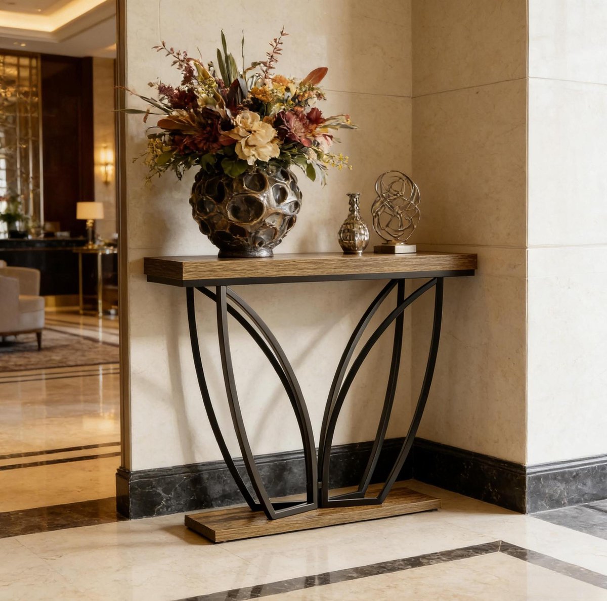 COVREO Sidetable 105x30x80 cm zwart, rustiek bruin MDF en metaal, met voetjes