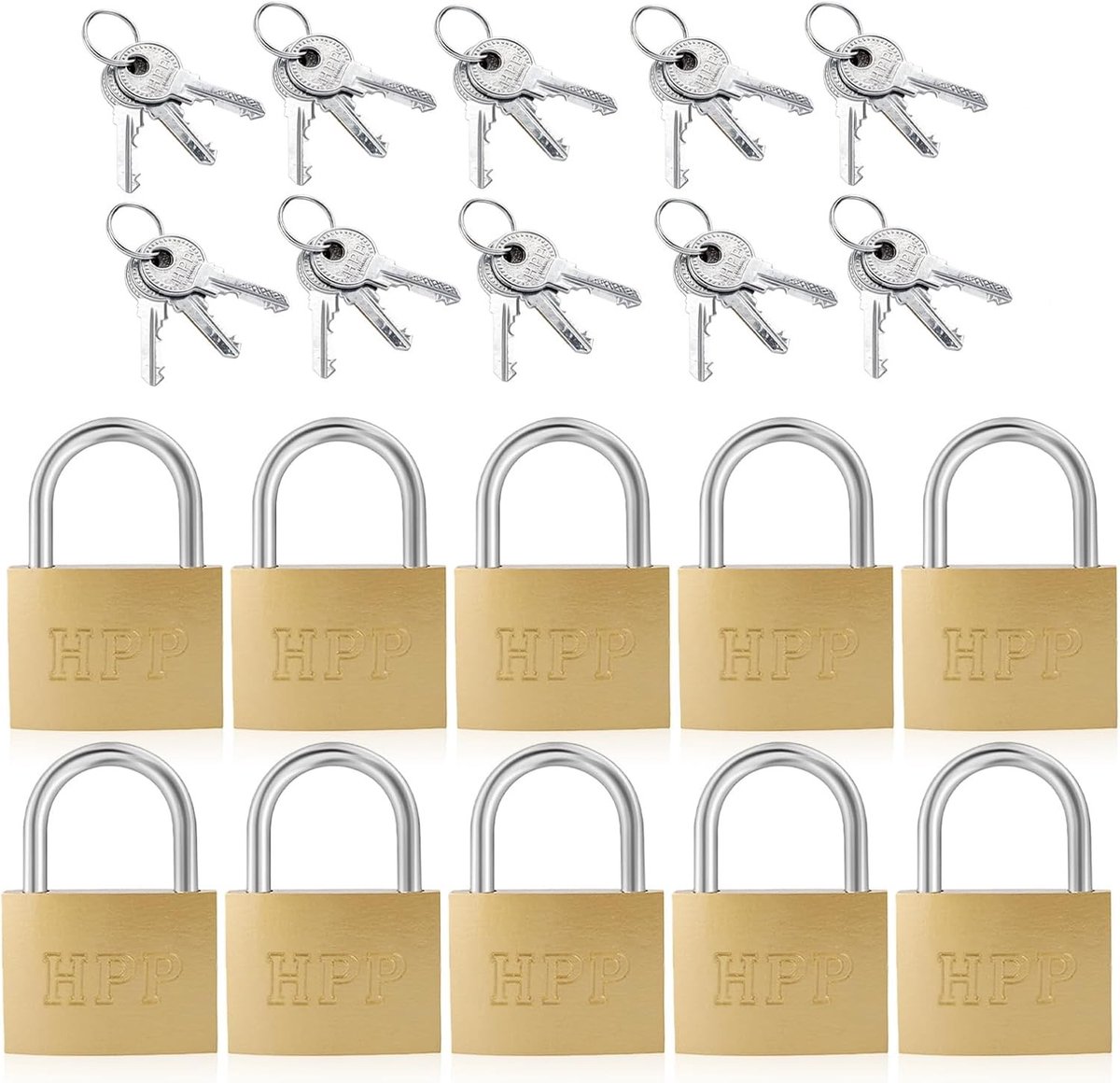 Set van 10 gelijksluitende hangsloten met sleutel, 30 mm beugelslot voor koffers, kasten en kluisjes, veilig en compact