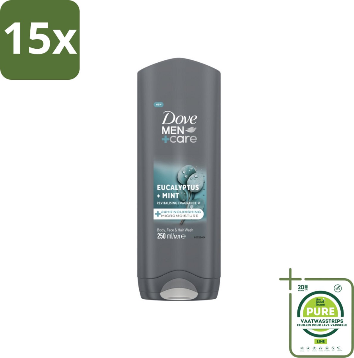 15 x Dove Men+Care Douchegel - Eucalyptus & Mint - 250 ml - Grootverpakking - Douchegel - Mannen - Verzorging - Hydratatie - Eucalyptus