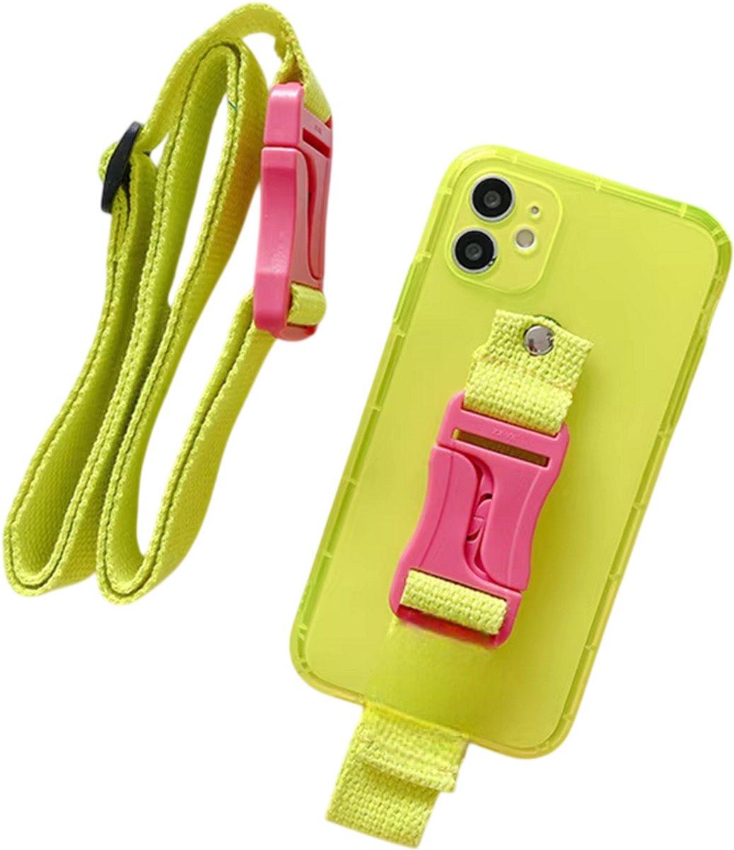 Telefoonhoesje Transparant Siliconen Back Cover met Fluorescerende Lanyard, Nekkoord & Polsband – Schokbestendig – Geschikt voor iPhone 17 - Geel