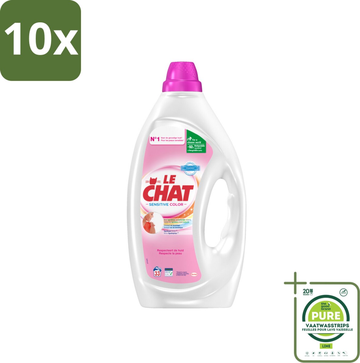 10 x Le Chat – Vloeibaar Wasmiddel – Sensitive Color – 1,485 L - Grootverpakking - Gevoelige Huid - Hypoallergeen - Wasmiddel Voor Gekleurde Kleding - Schone Was - Zachte Was