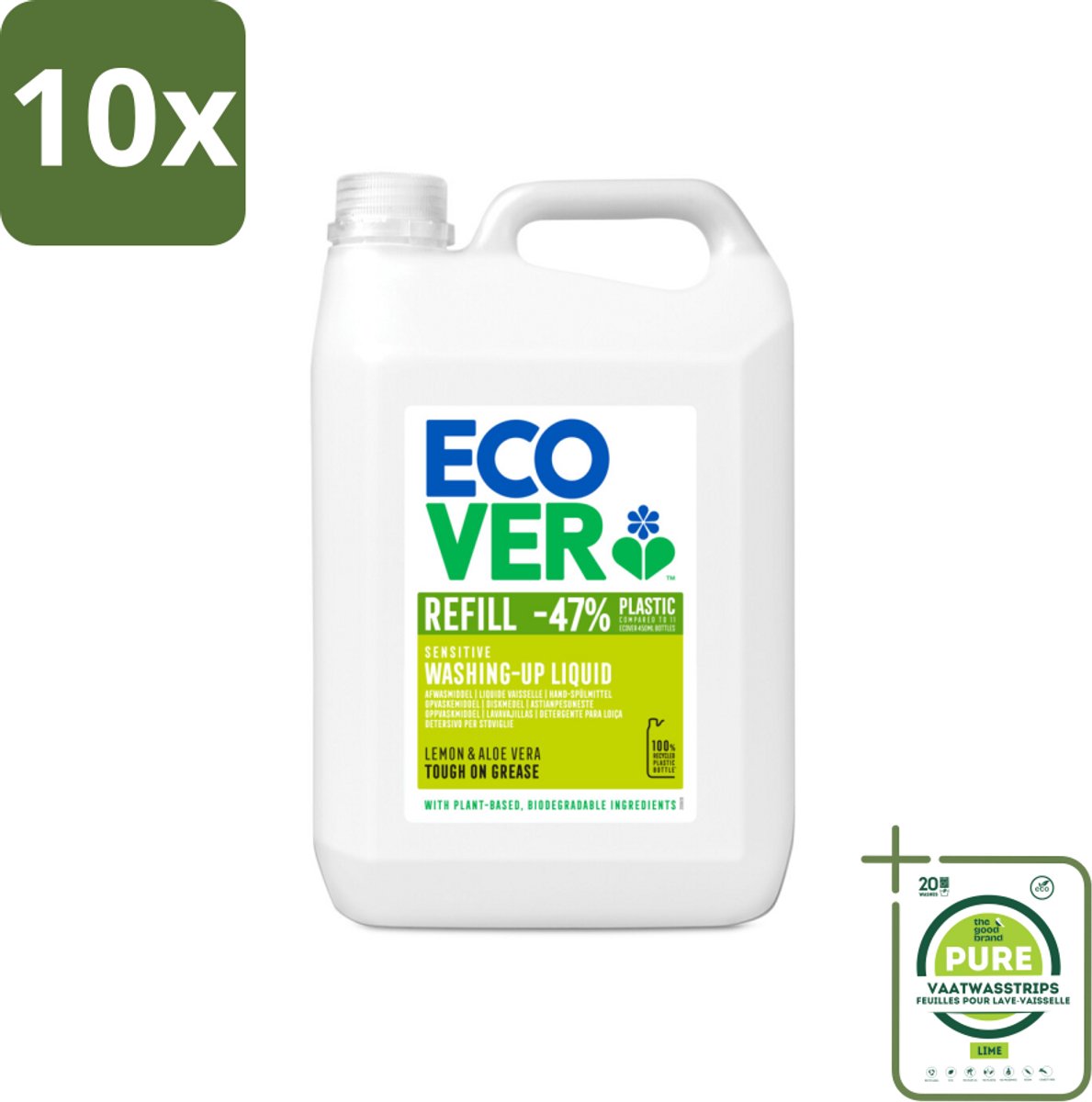 10 x Ecover - Afwasmiddel - Citroen & Aloë Vera - 5 liter - Grootverpakking - Afwasmiddel - Citroen - Aloë Vera - Biologisch Afbreekbaar - Plantaardige Ingrediënten