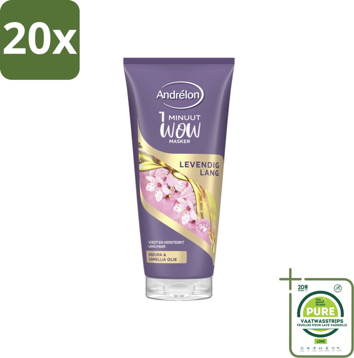 20 x Andrélon - WOW - Masker - Levendig Lang - 180 ml - Grootverpakking - Haar Masker - Lang Haar - Haarverzorging - Sakura Olie - Camellia Olie