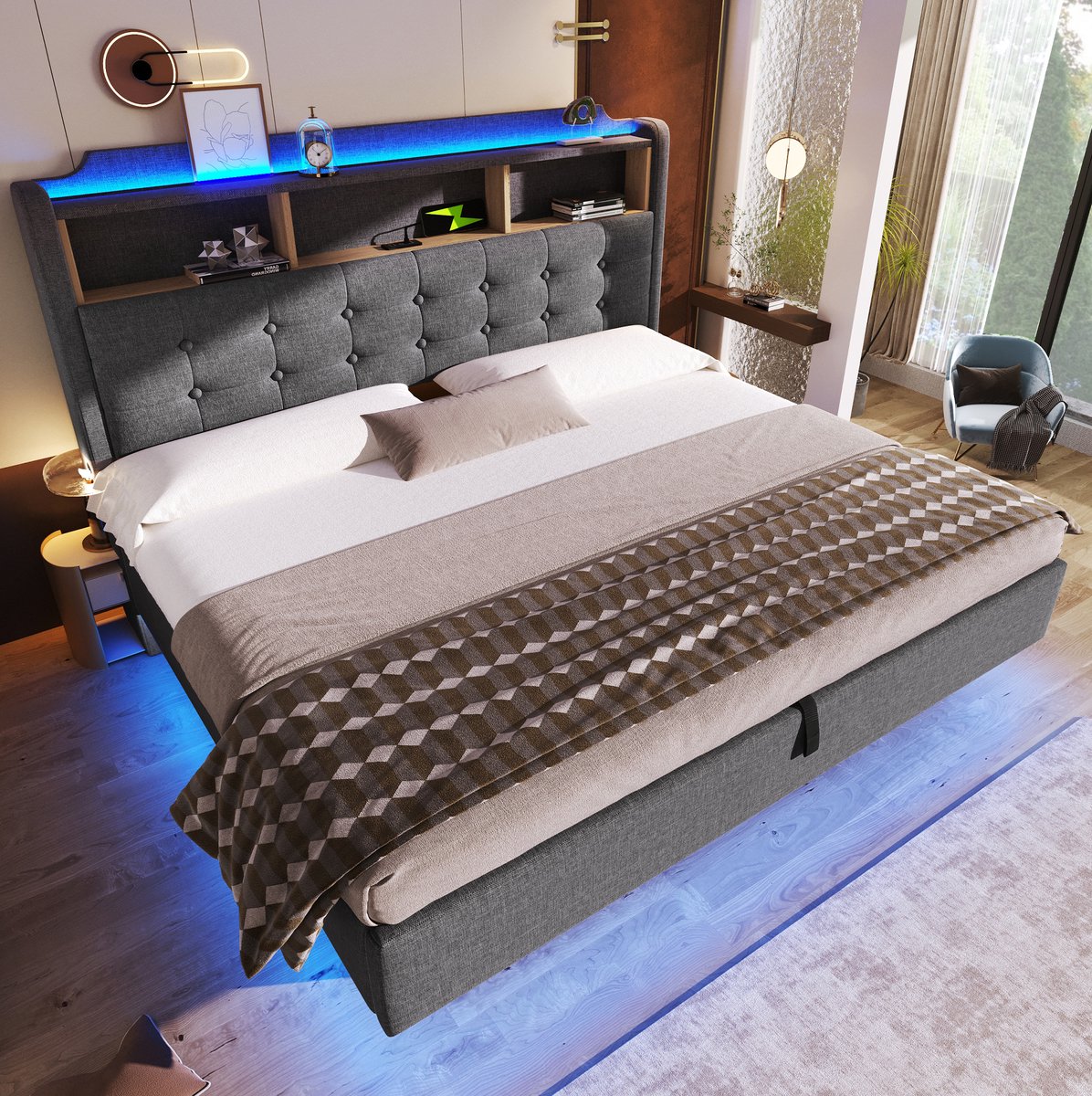 MIVRAY Gestoffeerd Bed 180x200 Cm Zonder Matras Met LED Verlichting USB Type C En Opbergruimte Stof Grijs
