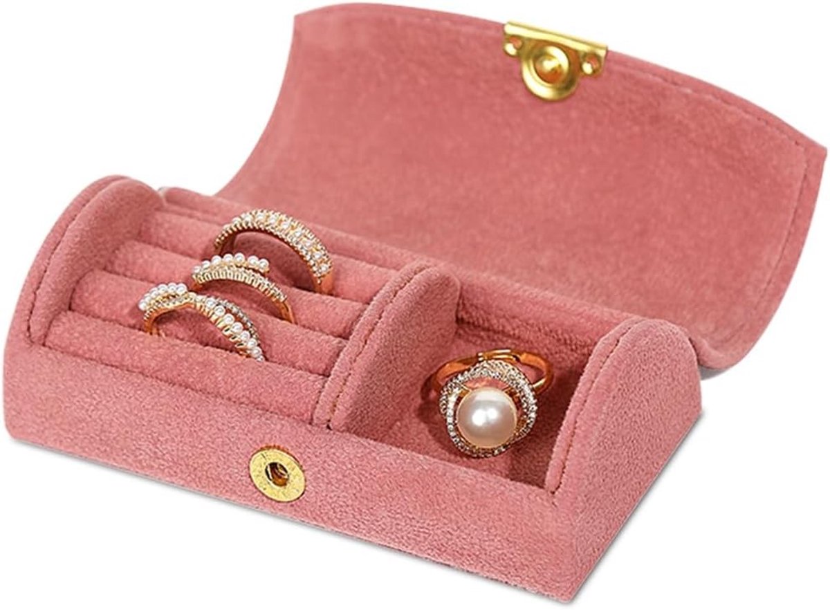 Sieradendoosje Klein voor op Reis - Roze - 10.2 x 5.5 x 3.5 cm - Fluwelen Sieradenopslag - Voor Dames en Meisjes