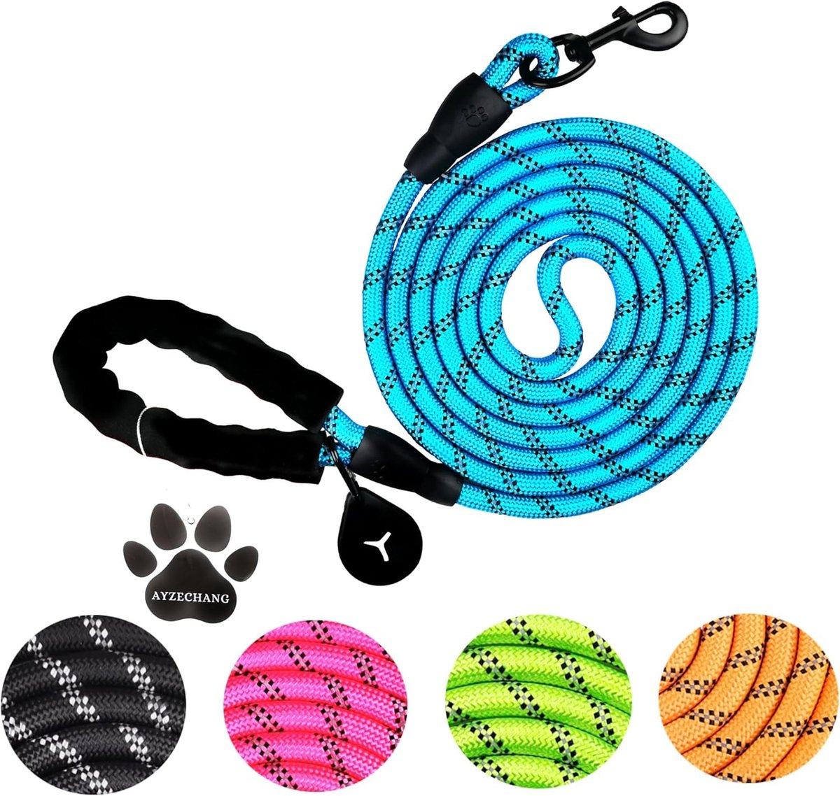 Hondenriem - Blauw - 200 cm x 1,2 cm - Robuuste Riem met Comfortabele Handgrepen en Reflecterende Lijnen - Voor Middelgrote en Grote Honden