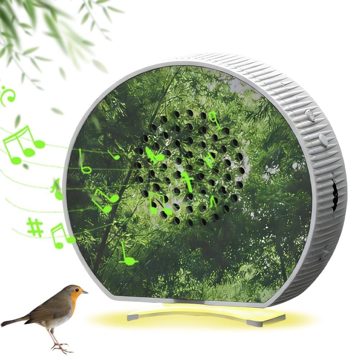 Vogelgezangbox met Bewegingssensor - Wit - 10 x 10 x 3 cm - Natuurgeluidenbox met Timer en Nachtlampje - Voor Badkamer en Ontspanning
