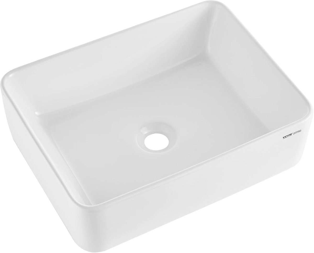 SnelShoppen - Moderne rechthoekige keramische wastafel, wit, glanzend, voor badkamer werkblad, elegant en stijlvol, 482 x 373 x 135 mm, diameter 43 mm