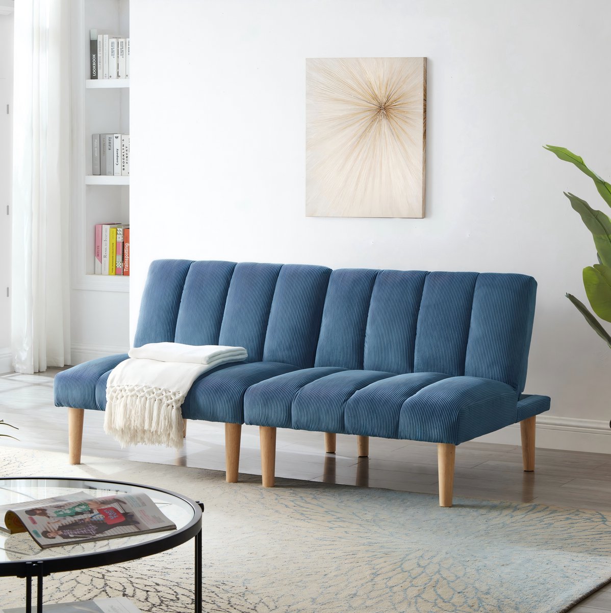 MEUNIQ 2-zits slaapbank 167 cm met 3-voudig verstelbare rugleuning, corduroy bekleding, houten poten, blauw, voor woonkamer of thuiskantoor