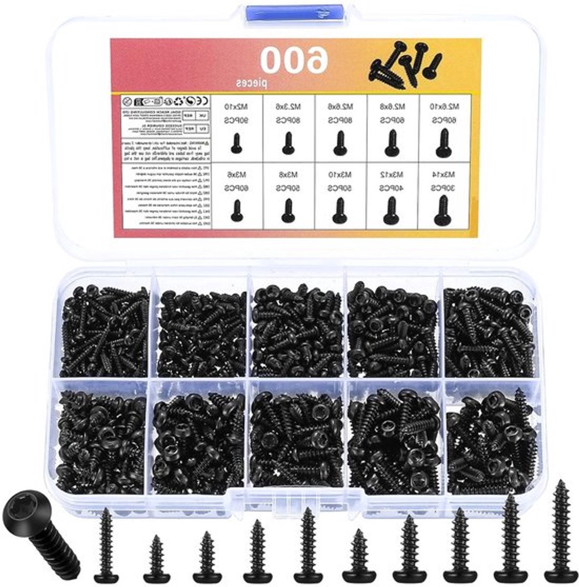 Set van 600 Zwarte Zelftappende Schroeven met Torx Kop voor Hout, Kunststof en Zacht Metaal - M2, M2.3, M2.6, M3