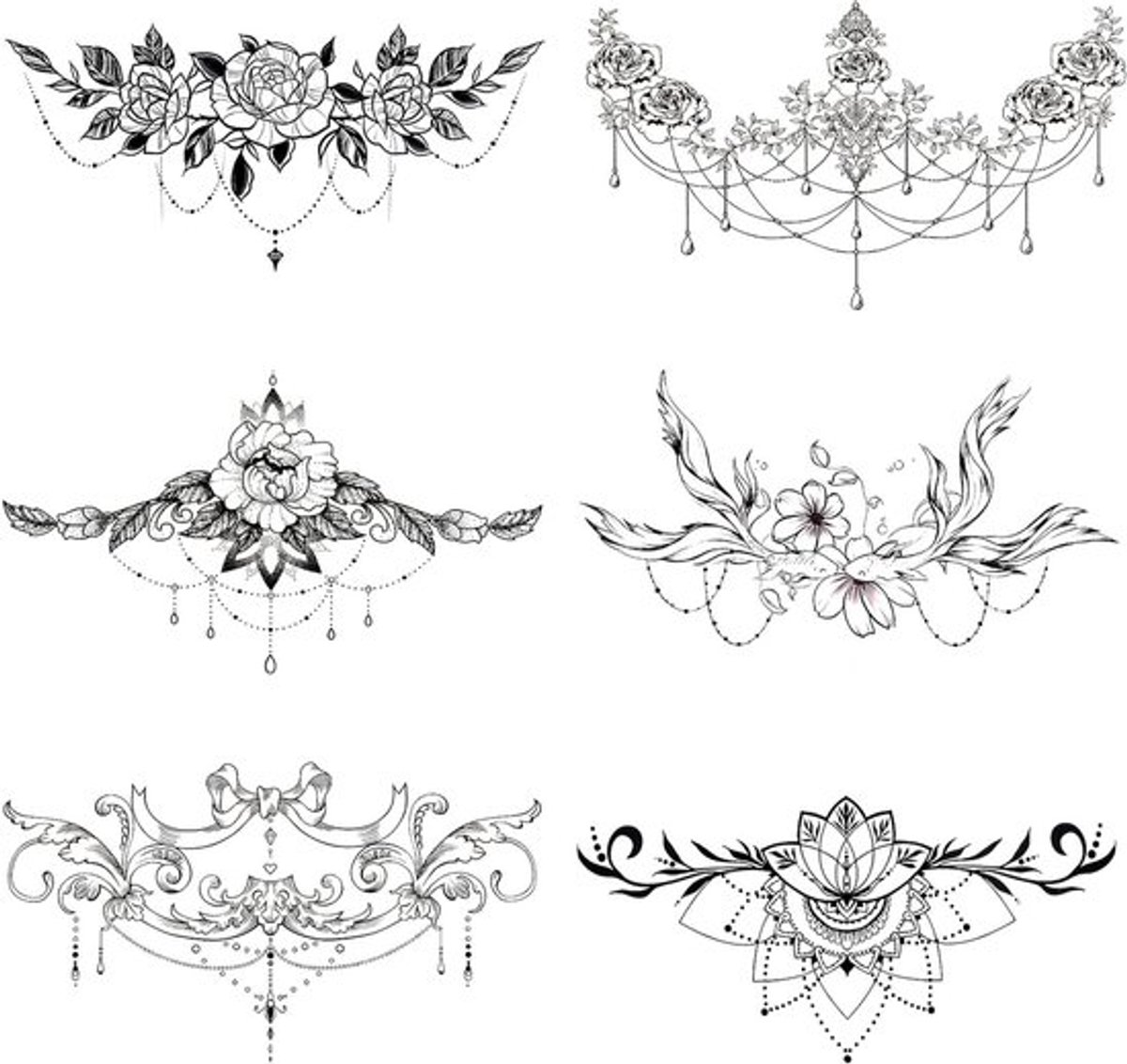 6 Bladen Nep Tattoos voor Vrouwen - Tijdelijke Waterproof Body Tattoos voor Borst, Taille en Rug