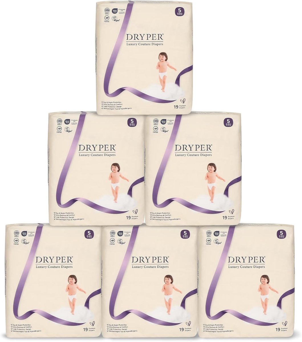 SnelShoppen - Baby luiers DRYPER maat 5 (13-18 kg), ultradunne zachte hypoallergene luiers, 3D-lekrebarrières, vochtindicator, 114 stuks Day & Night P