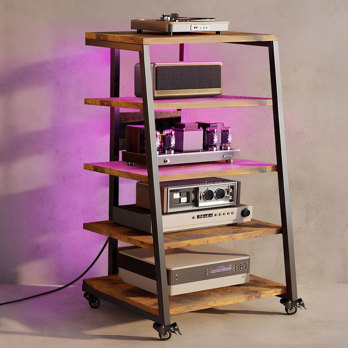 HiFi Rack 5 niveaus - Houten media plate - LED verlichting - Ideaal voor stereo systemen - ShopVlot