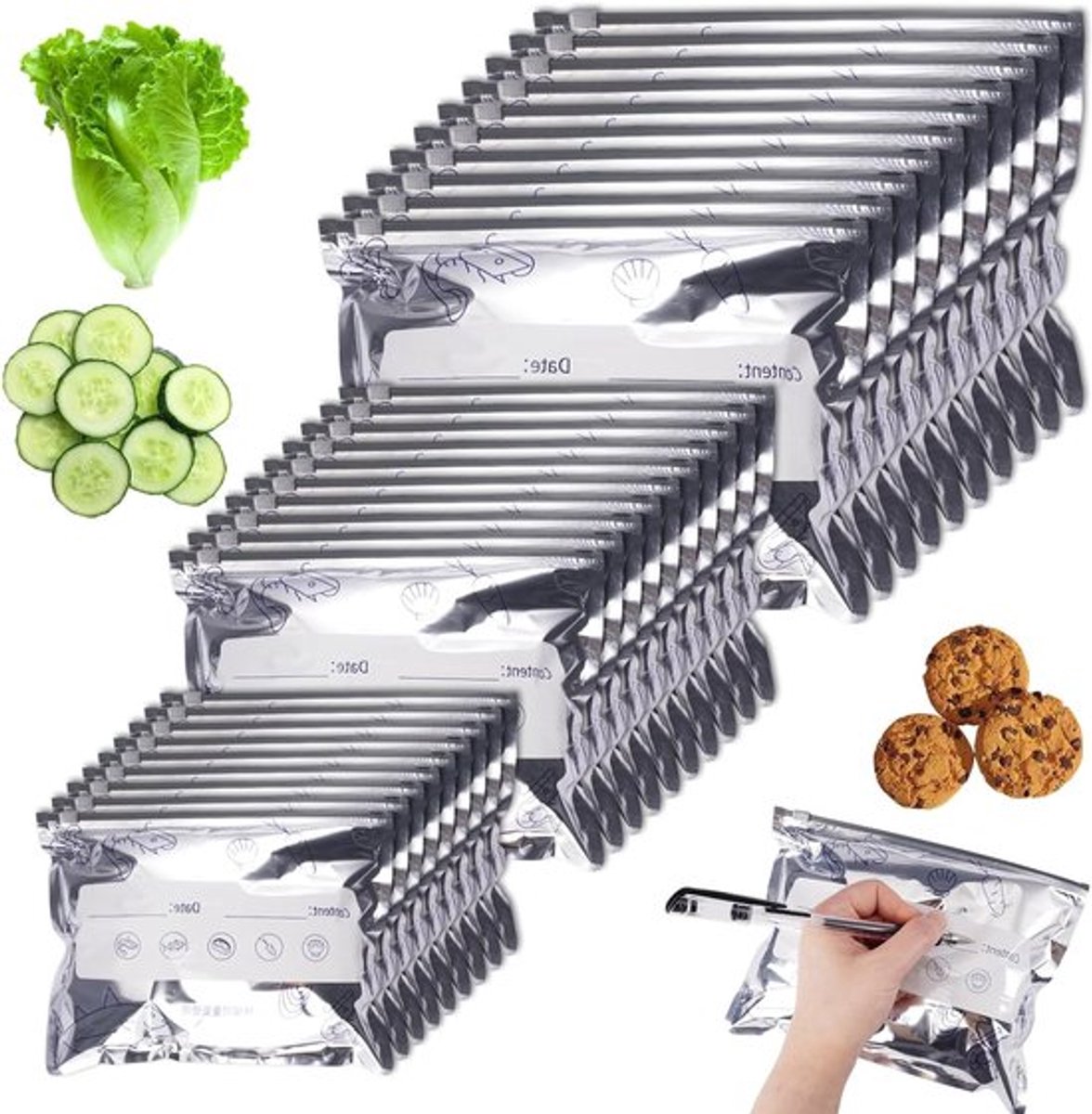 30 Stuks Herbruikbare Zipper Aluminium Folie Opslagtassen met Voorafgedrukte Labels voor Voedsel, Groenten, Vlees en Fruit (S-M-L)