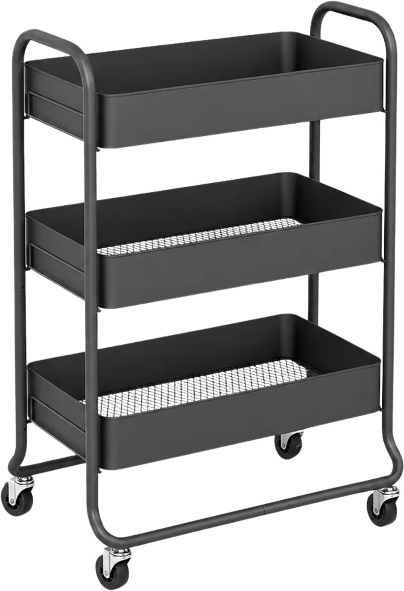 Keukenkar met 3 Manden Zwart – Metalen Frame & 4 Wielen
