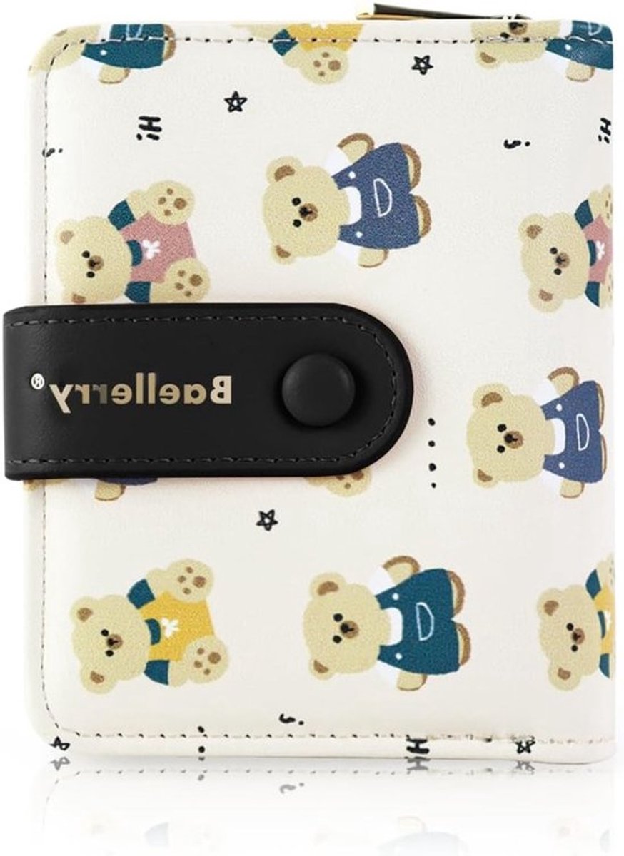 Bifold Dames Portemonnee met Kleine Berenprint, 5 Kaartslots en ID Venster, Zwart met Rits en Muntzak voor Vrouwen en Meisjes