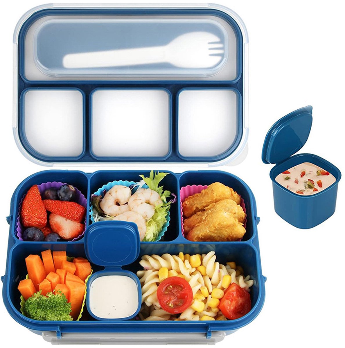 Bento Box 1300 ml met 4 Vakken – Lekvrije Lunchbox met Sausbakje, Bestek en Siliconen Cupjes -Bento Box 1300 ml met 4 Vakken – Lekvrije Lunchbox met Sausbakje - Bestek