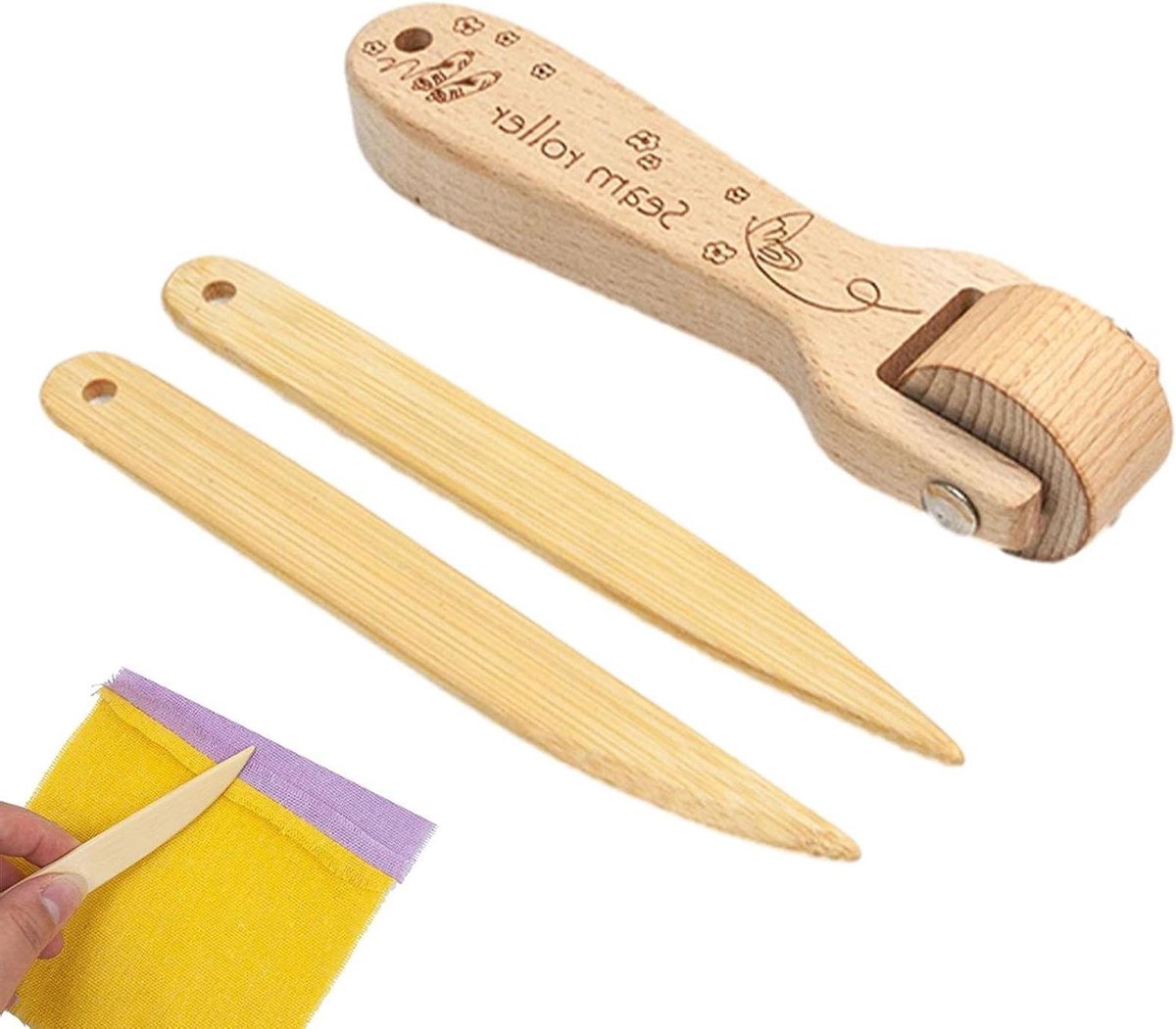 Naairoller Hout - Naaihulpmiddel Quilten - Naden Strijken - Ergonomische Handgreep - 14.5 x 3.5 cm - Houtkleur
