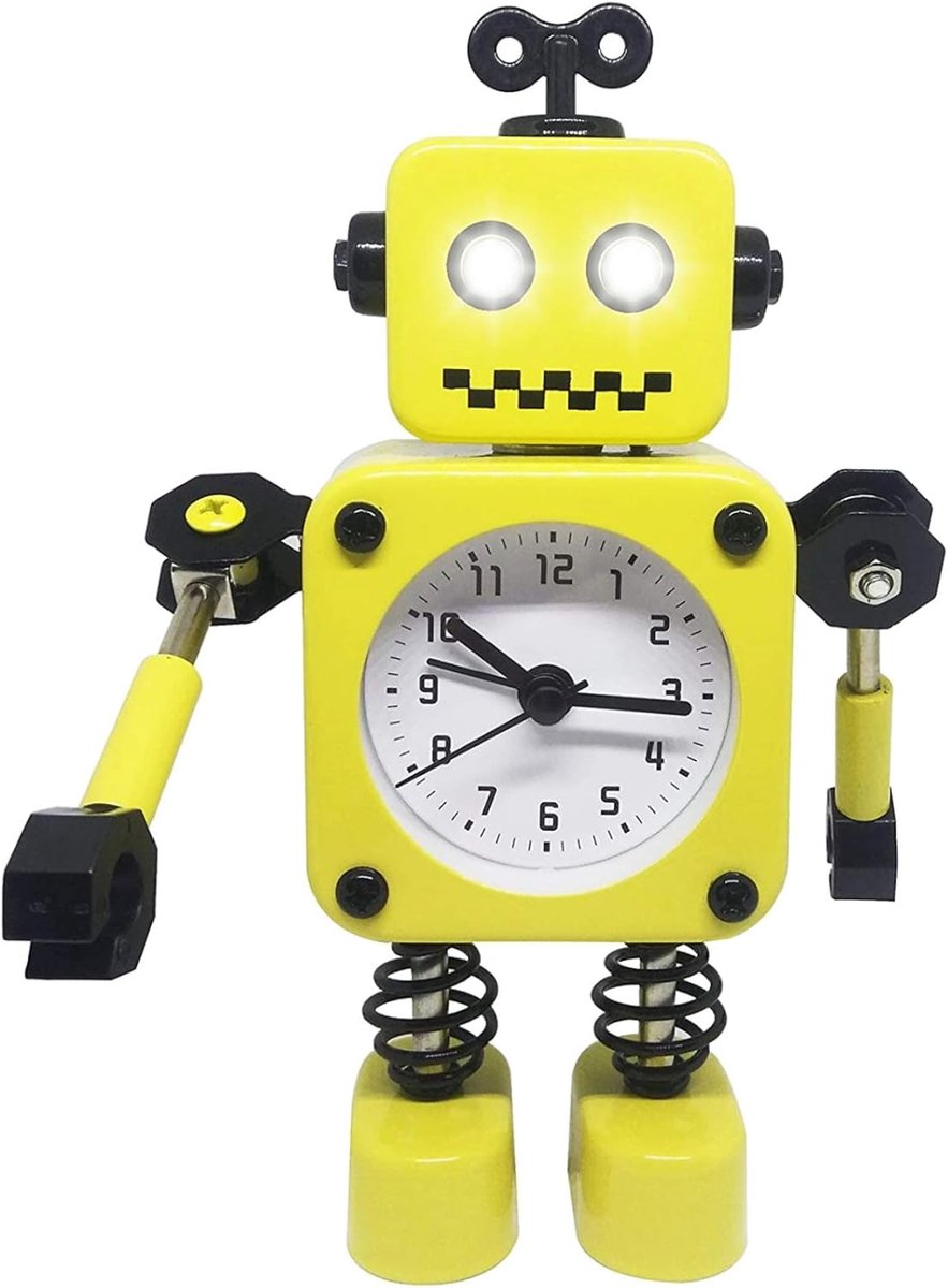 SnelShoppen - Diskary Robot Wekker Roestvrij Metaal Niet-tikkende Slaapkamer Klok met Knipperend Oog en Roterende Arm voor Kinderen - Geel Cadeau voor