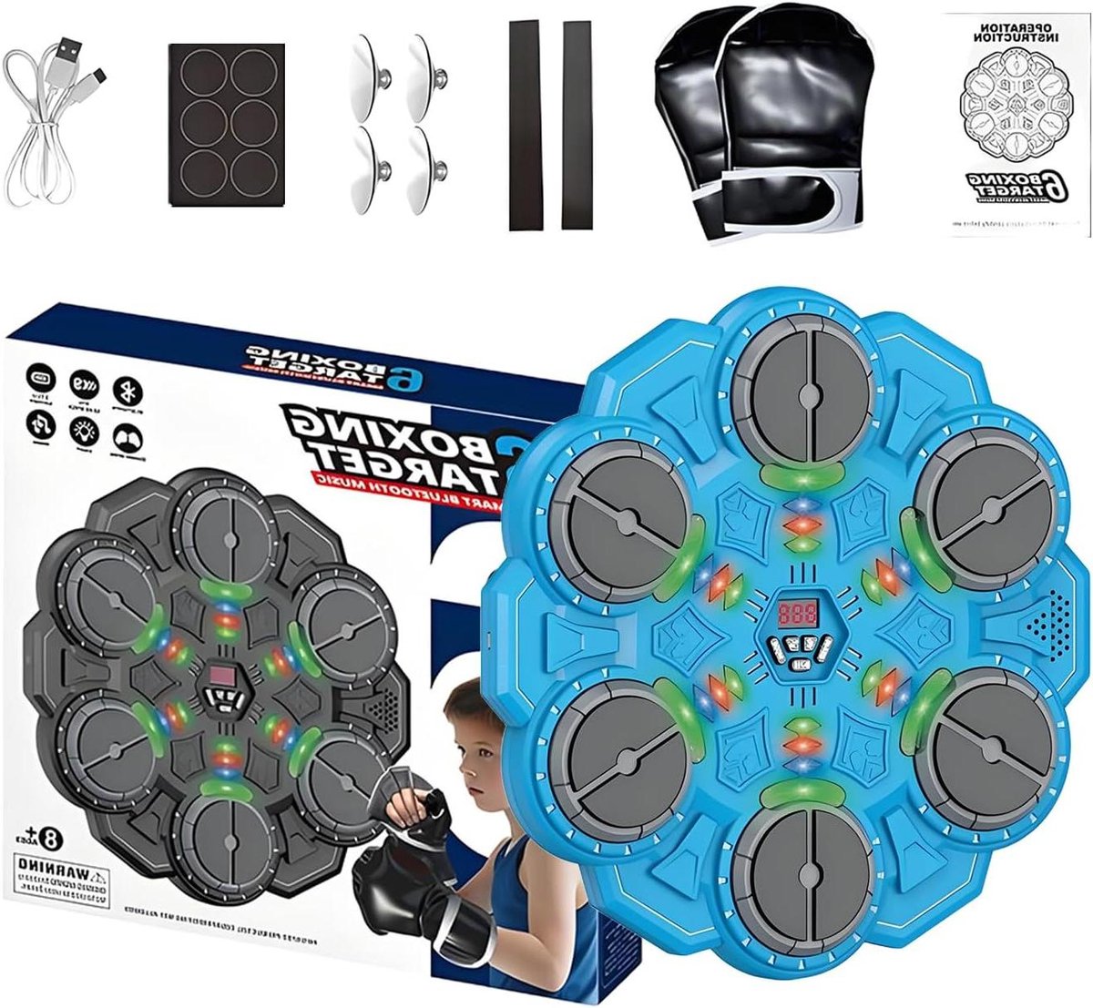 Muziek Boksmachine - Boksmuur Trainer - Interactief Trainen - Draadloos Oplaadbaar - 35 cm Breed - Blauw