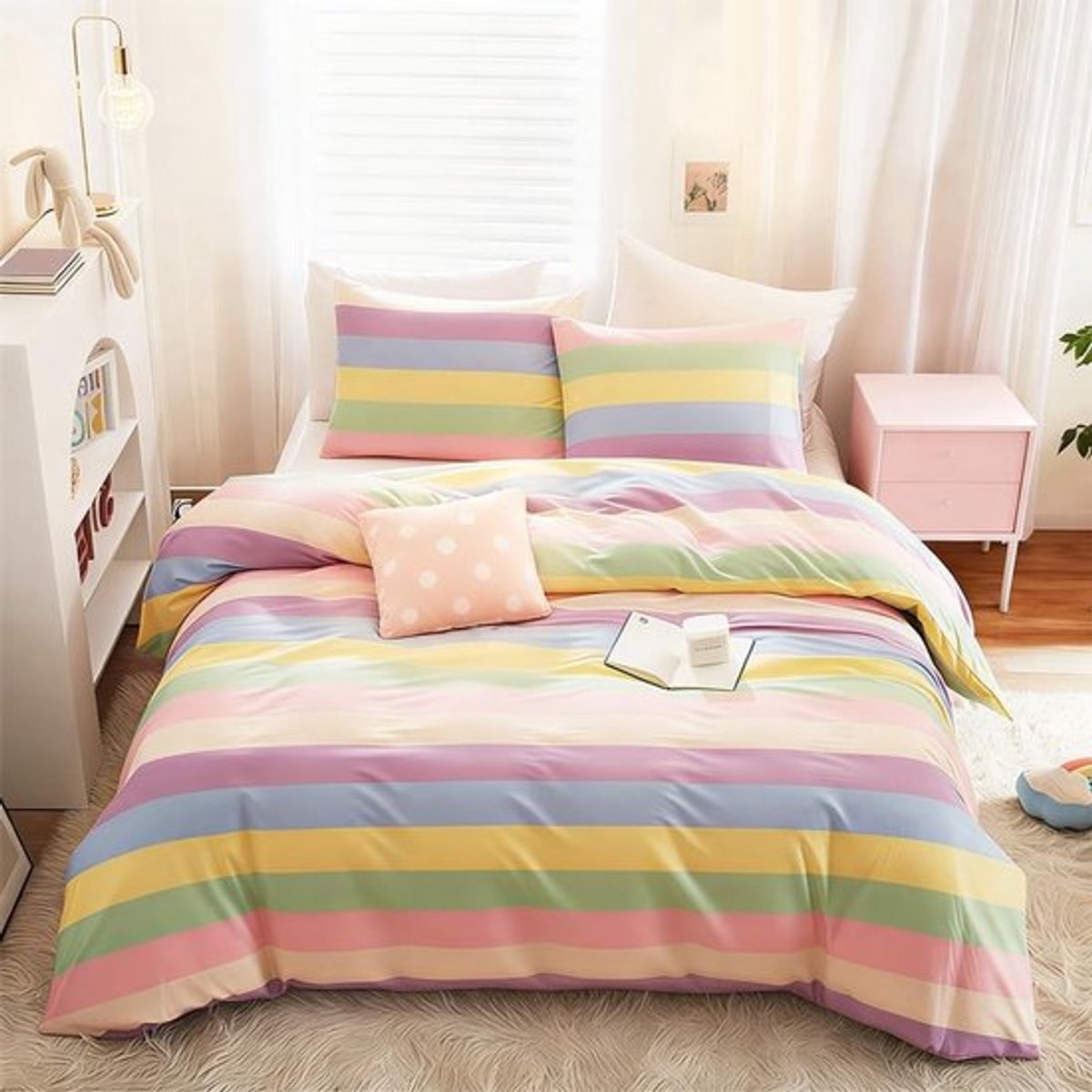 Kleurrijke 135 x 200 cm Katoenen Dekbedovertrek voor Meisjes met Regenboogstrepen, Omkeerbaar met Kussensloop 80 x 80 cm, Perfect voor Kinderen en Tieners